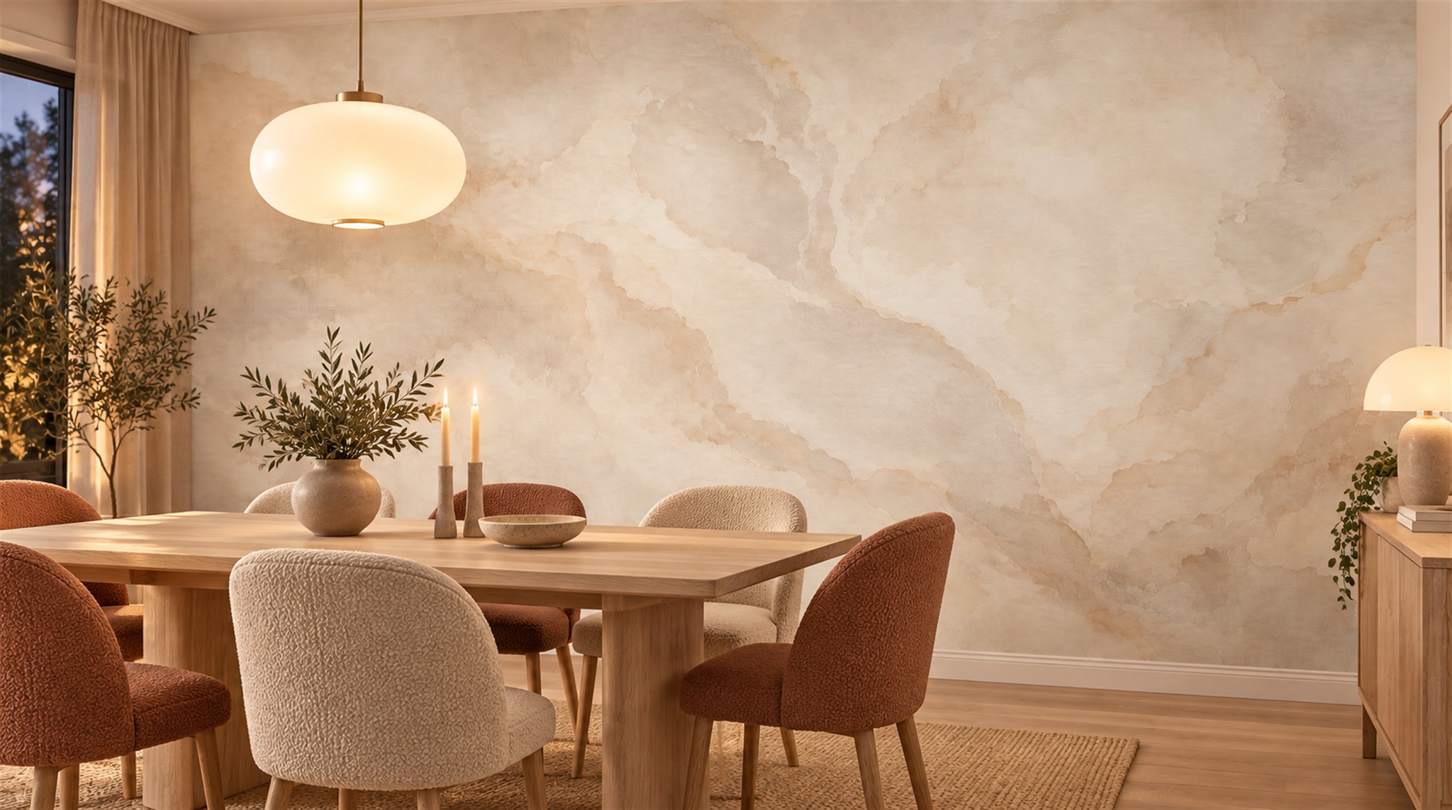 Ivory And Red Marble Veining Decorative Wallpaper Mural, Peel-and-stick Finish
