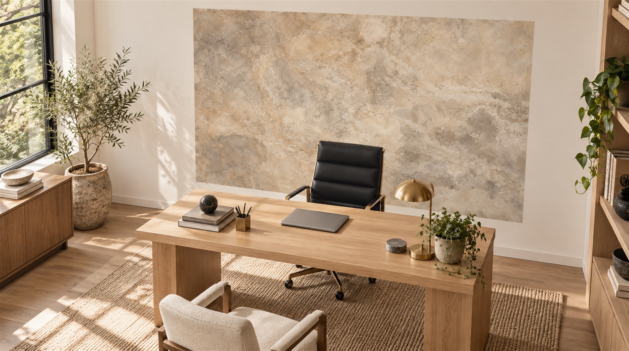 Red And Neutral Stone Texture Wallpaper Mural Office-wallpaper-murals, Shown In A Home Office, Peel-and-stick Finish