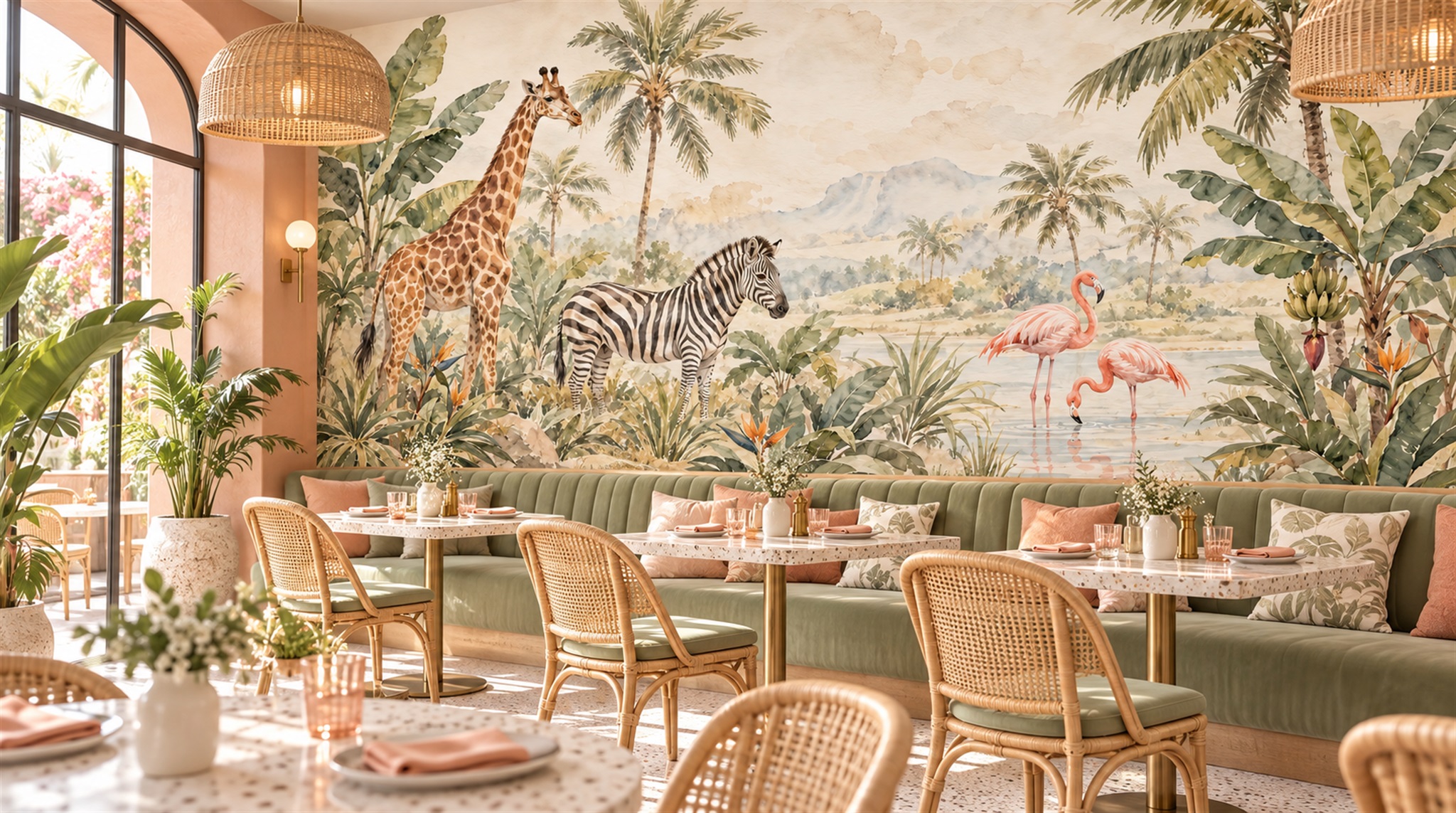 Cream And Red Decorative Patterning Painterly Wallpaper Mural Cafe-wallpaper-murals, Peel-and-stick Finish
