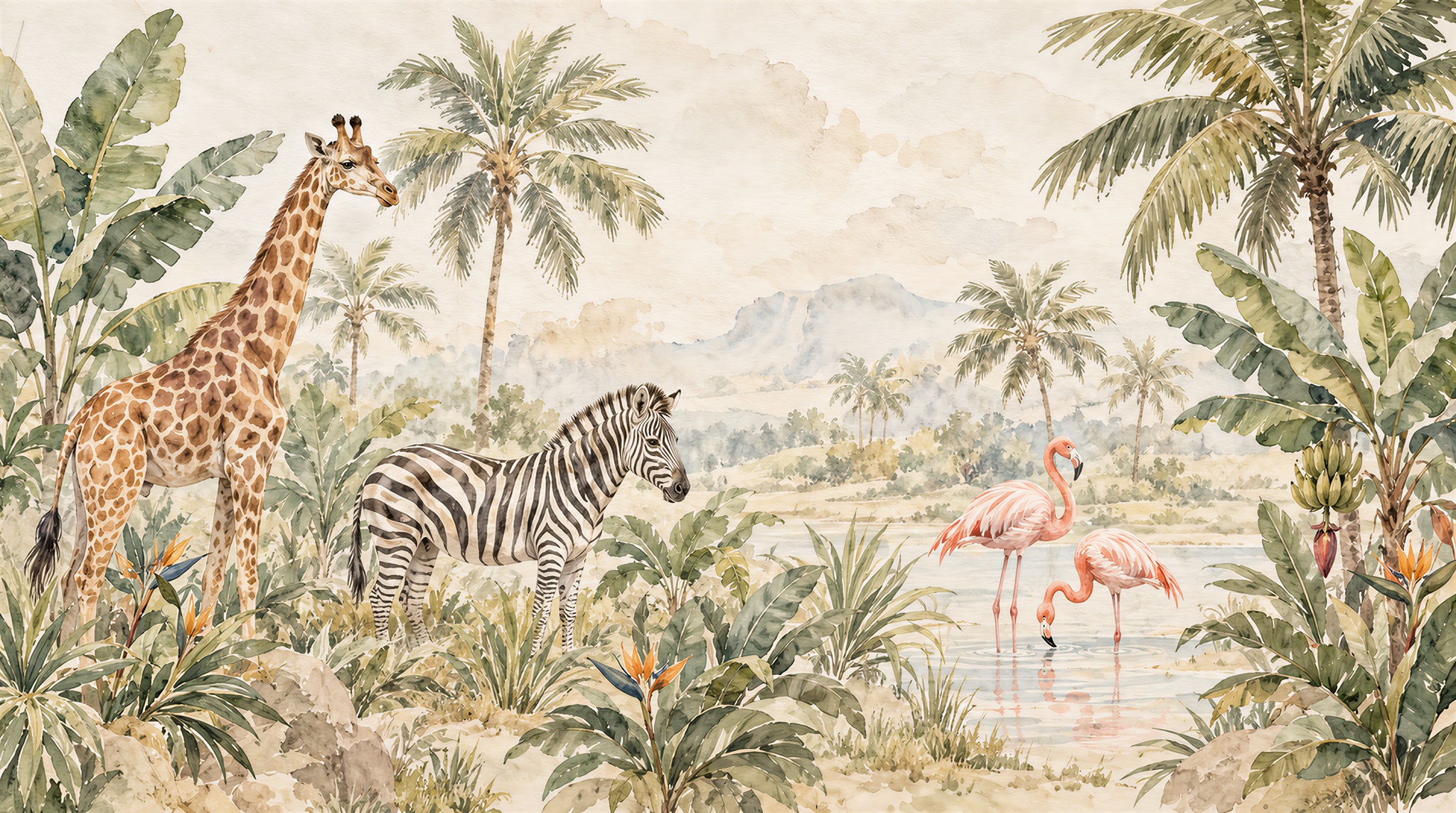 Giraffe Zebra And Flamingo Safari Wallpaper Mural — Wallpaper Mural Design, Peel-and-stick Finish