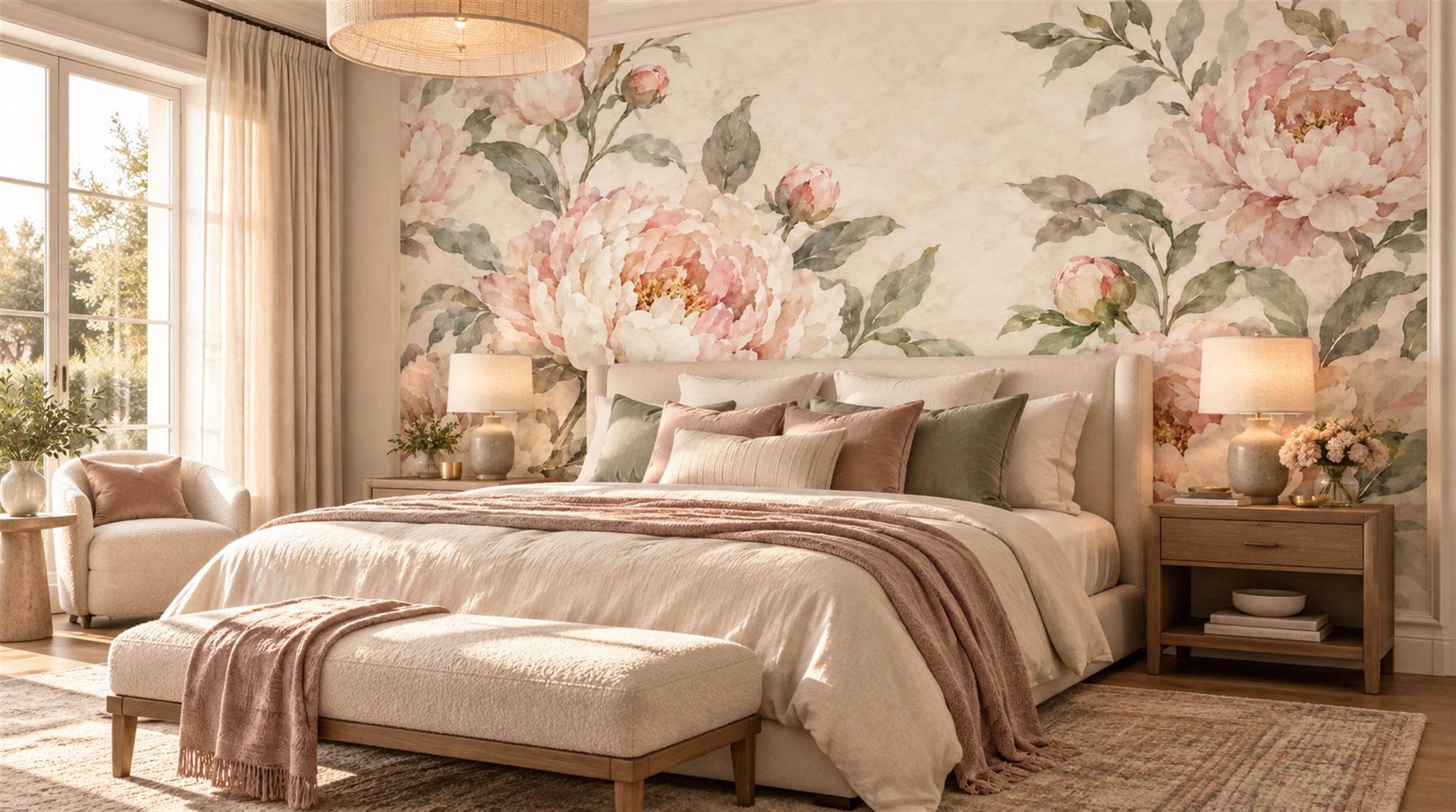 Red And Pink Decorative Patterning Organic Wallpaper Mural Bedroom-wallpaper-murals, Peel-and-stick Finish