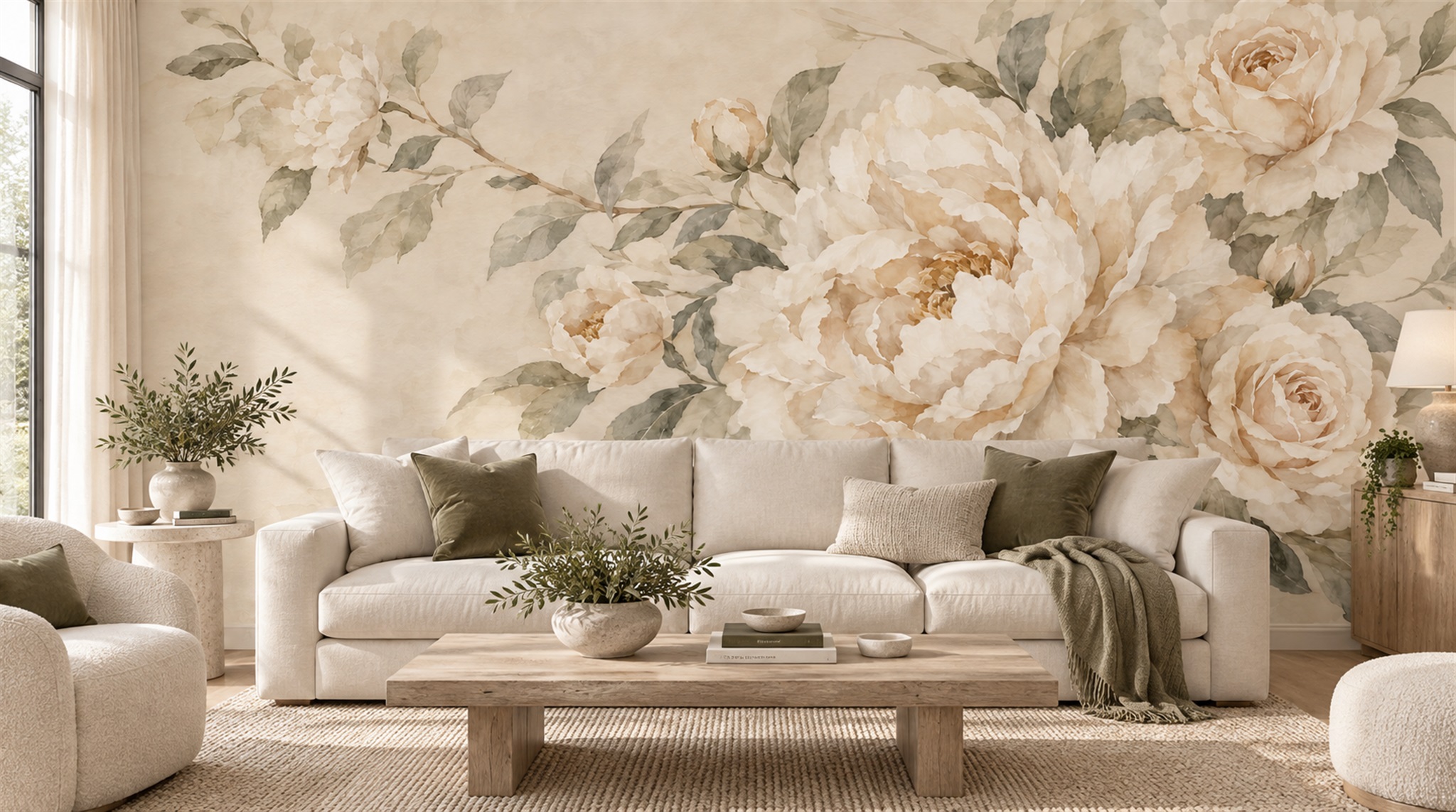 Ivory Peony And Rose Floral Wallpaper Mural — Wallpaper Mural Design, Peel-and-stick Finish
