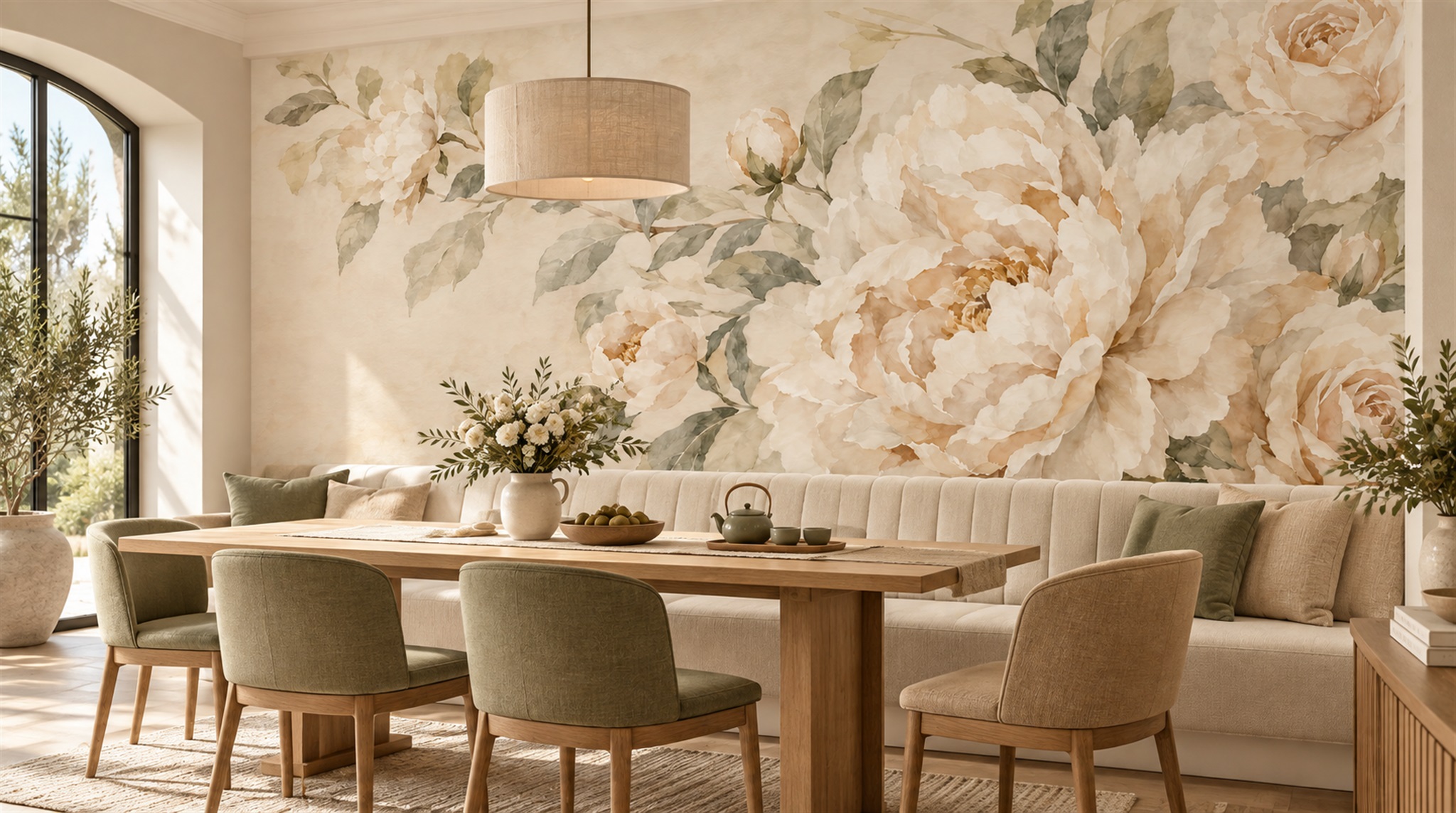 Ivory And Red Decorative Patterning Wallpaper Mural Layered Accent-wall-wallpaper-murals, Peel-and-stick Finish