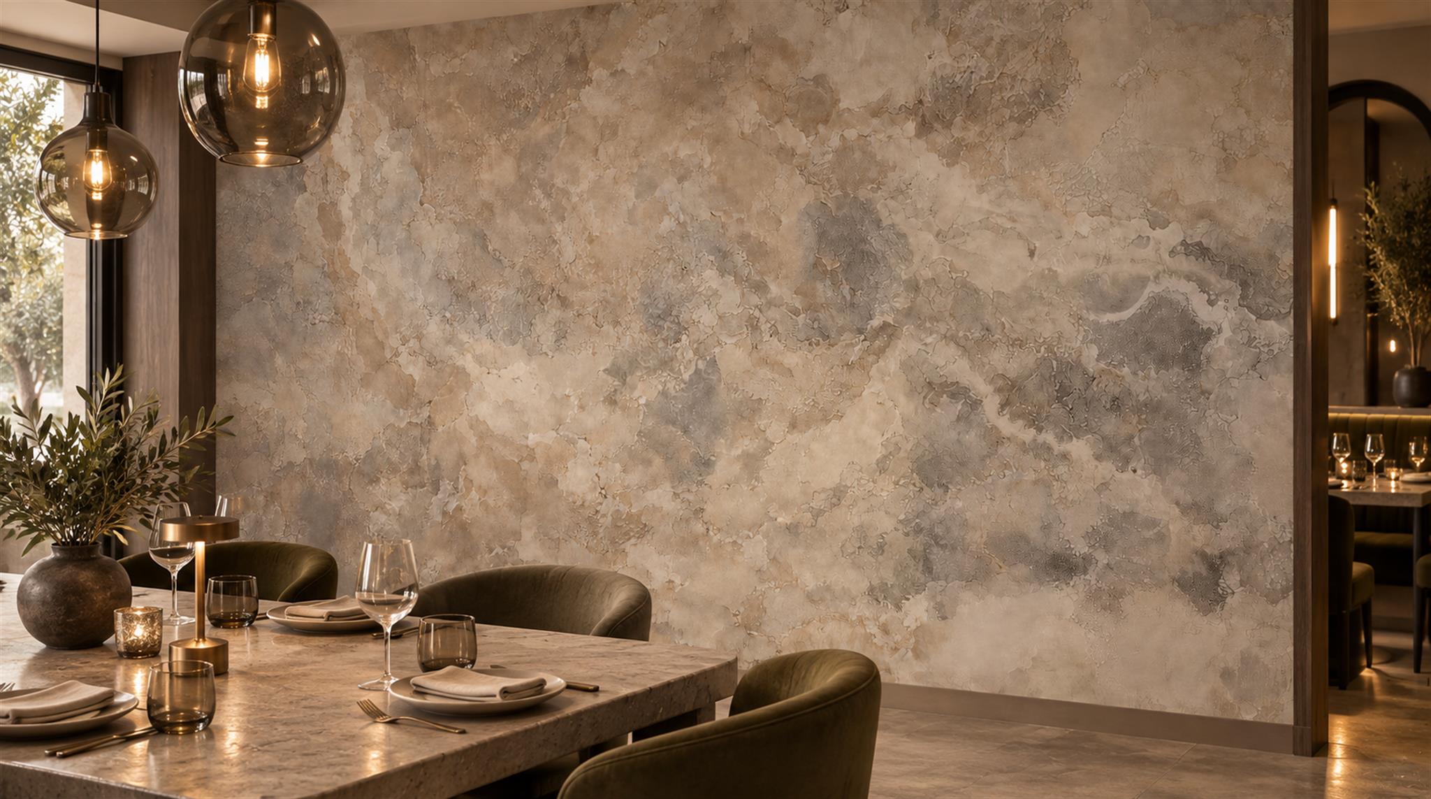Red And Neutral Stone Texture Decorative Wallpaper Mural Dining-room-wallpaper-murals, Shown In A Dining Room, Peel-and-stick Finish