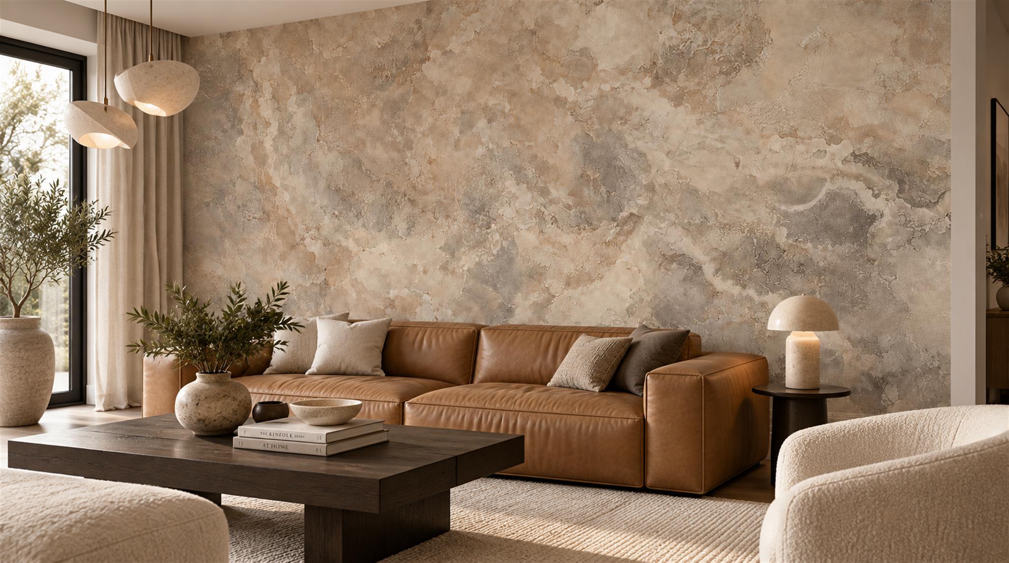 Red And Neutral Stone Texture Decorative Wallpaper Mural Living-room-wallpaper-murals, Shown In A Living Room, Peel-and-stick Finish