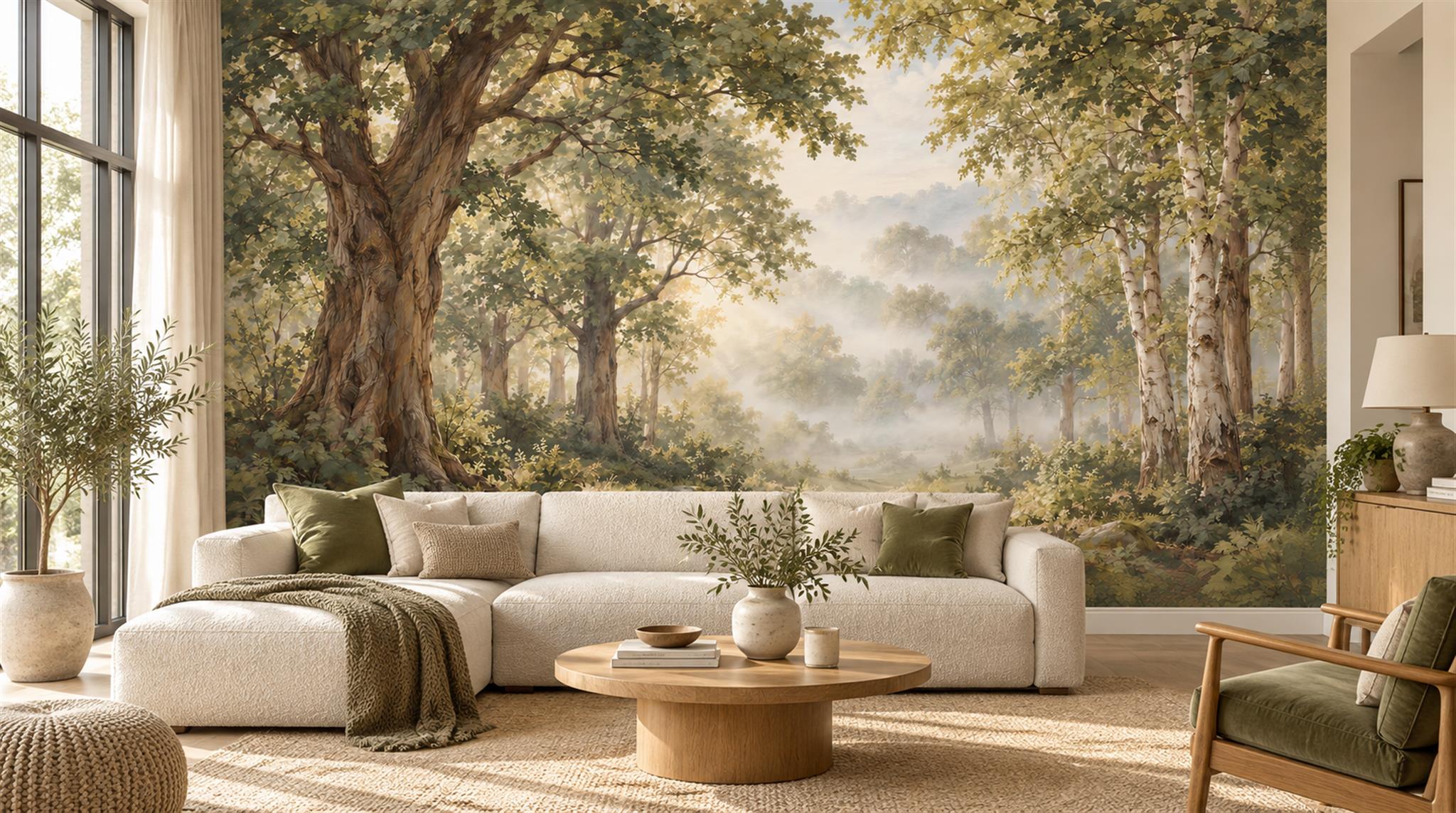 Red And Green Woodland Trees Layered Wallpaper Mural Living-room-wallpaper-murals, Shown In A Living Room, Peel-and-stick Finish