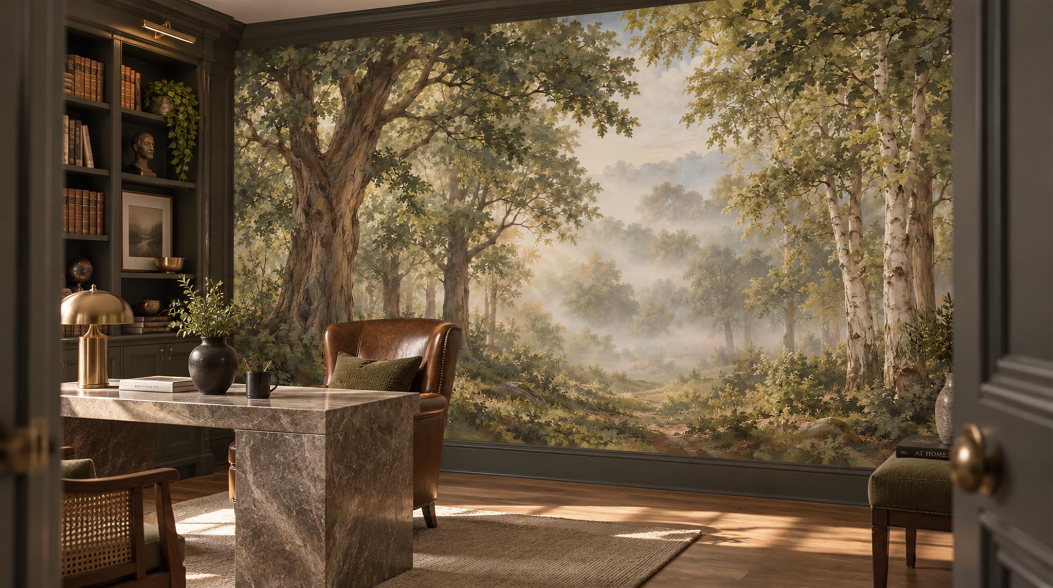 Red And Green Woodland Trees Layered Wallpaper Mural Accent-wall-wallpaper-murals, Peel-and-stick Finish