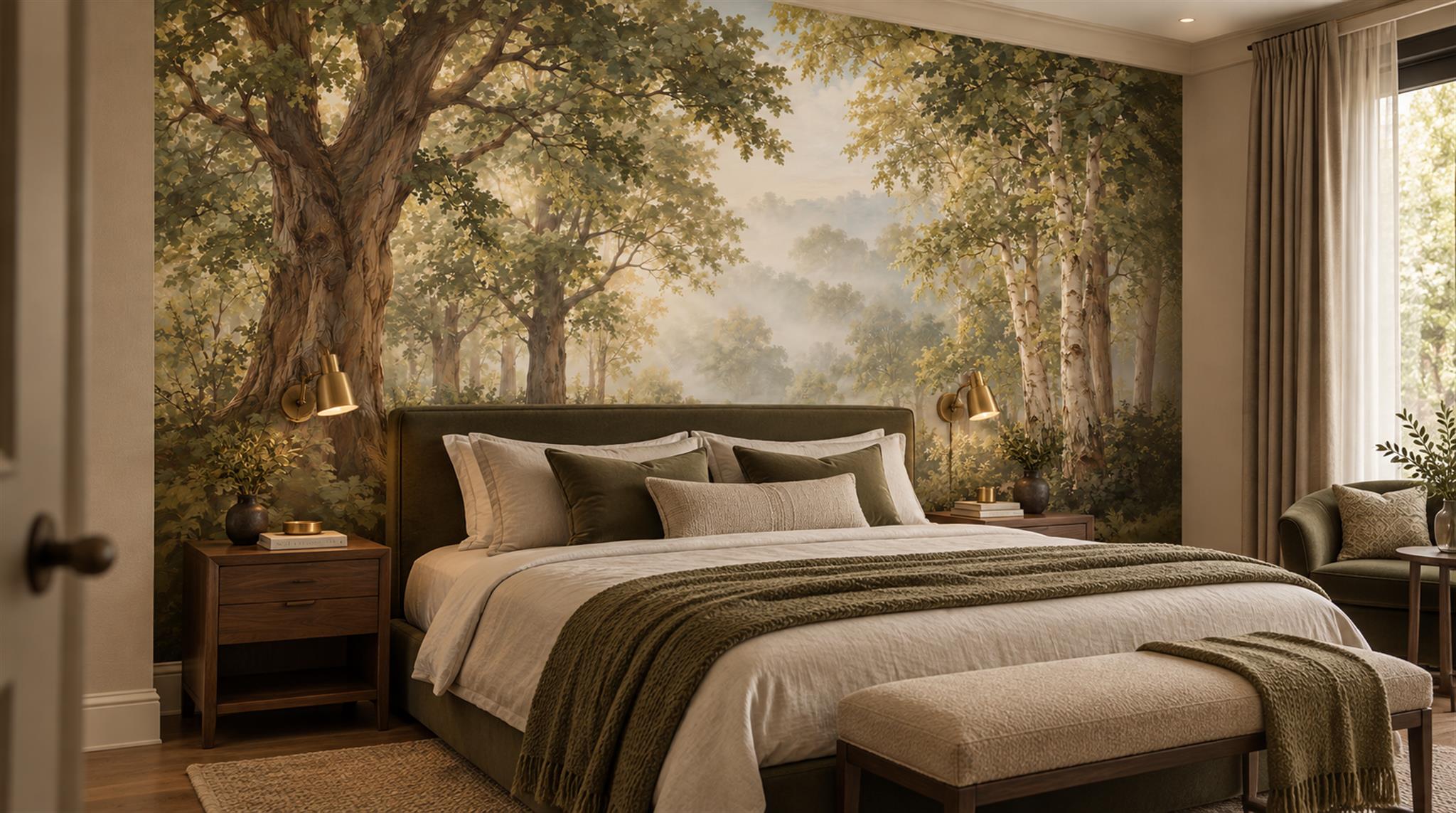 Red And Green Woodland Trees Layered Wallpaper Mural Accent-wall-wallpaper-murals, Peel-and-stick Finish