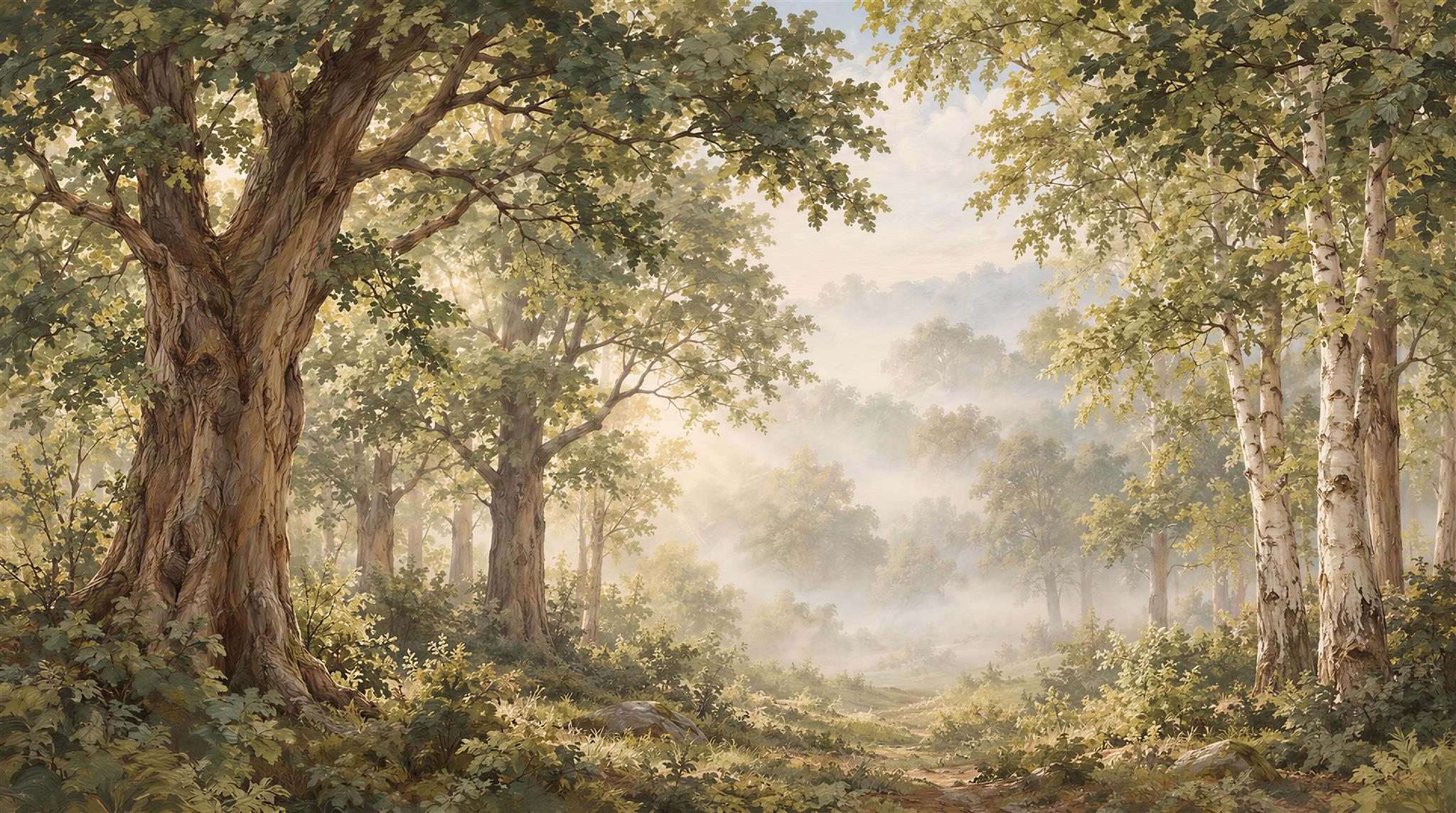 Sunlit Woodland Glade Wallpaper Mural — Wallpaper Mural Design, Peel-and-stick Finish