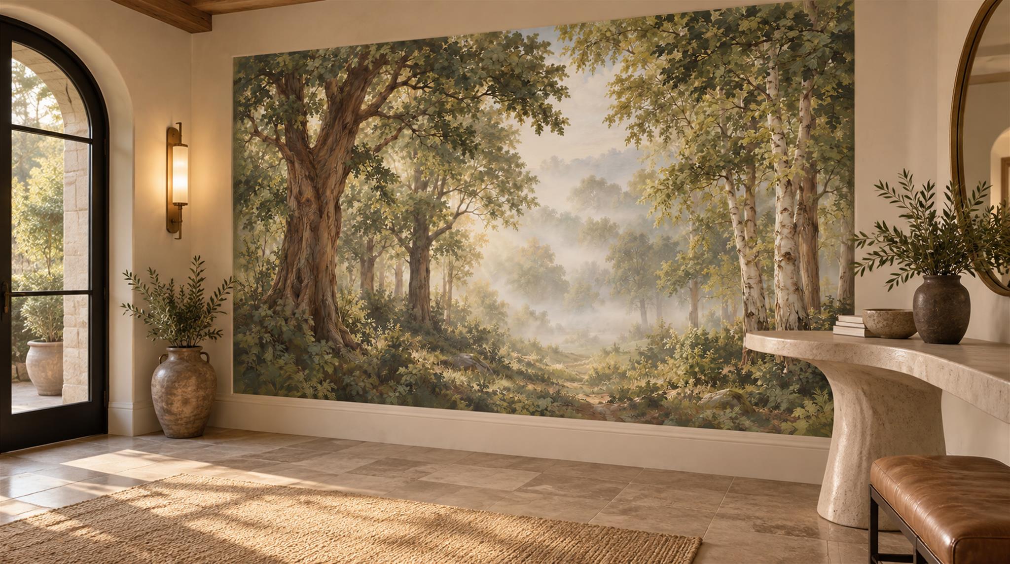 Red And Green Woodland Trees Layered Wallpaper Mural Entryway-wallpaper-murals, Peel-and-stick Finish
