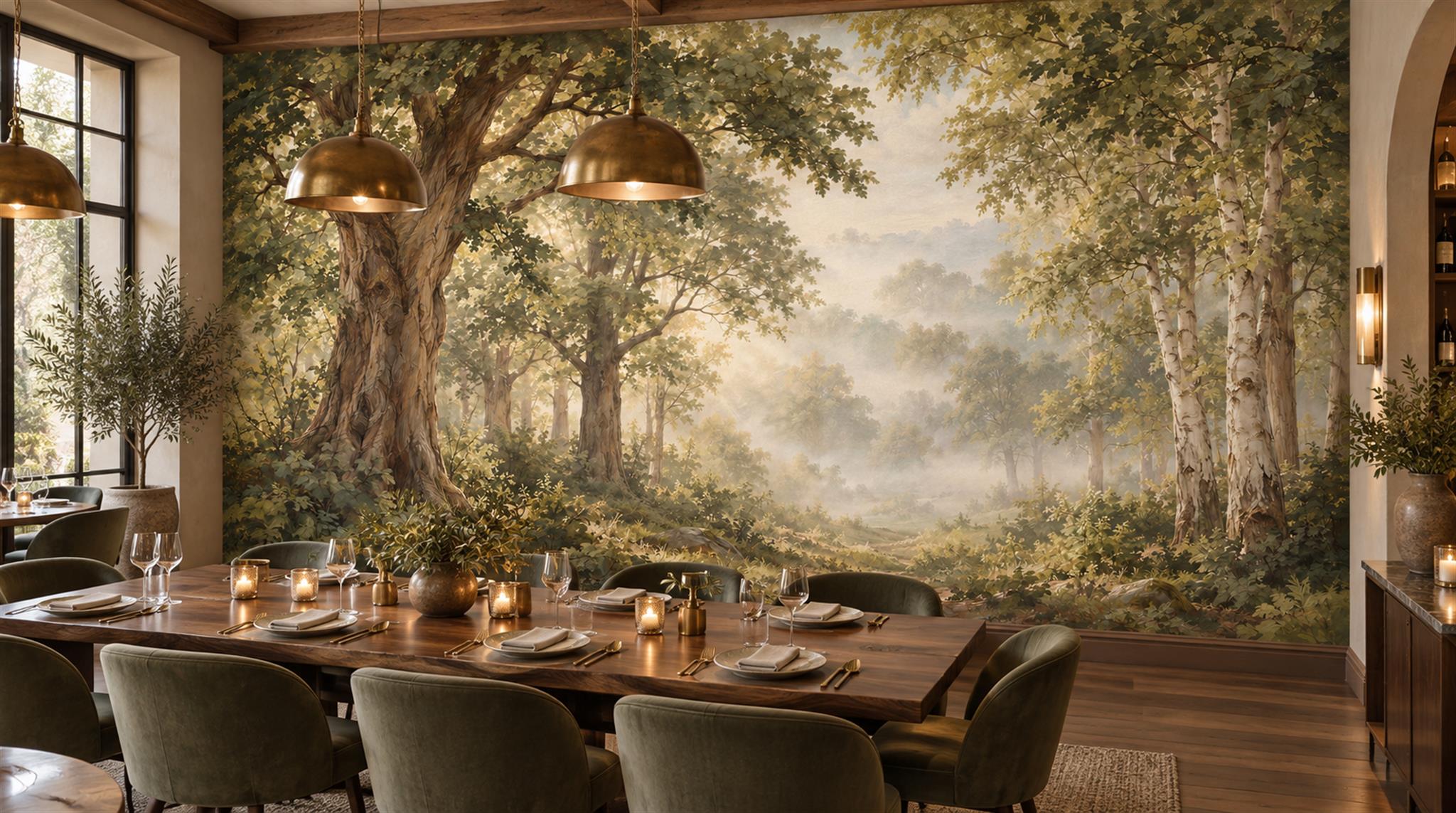 Red And Green Woodland Trees Layered Wallpaper Mural Dining-room-wallpaper-murals, Shown In A Dining Room, Peel-and-stick Finish