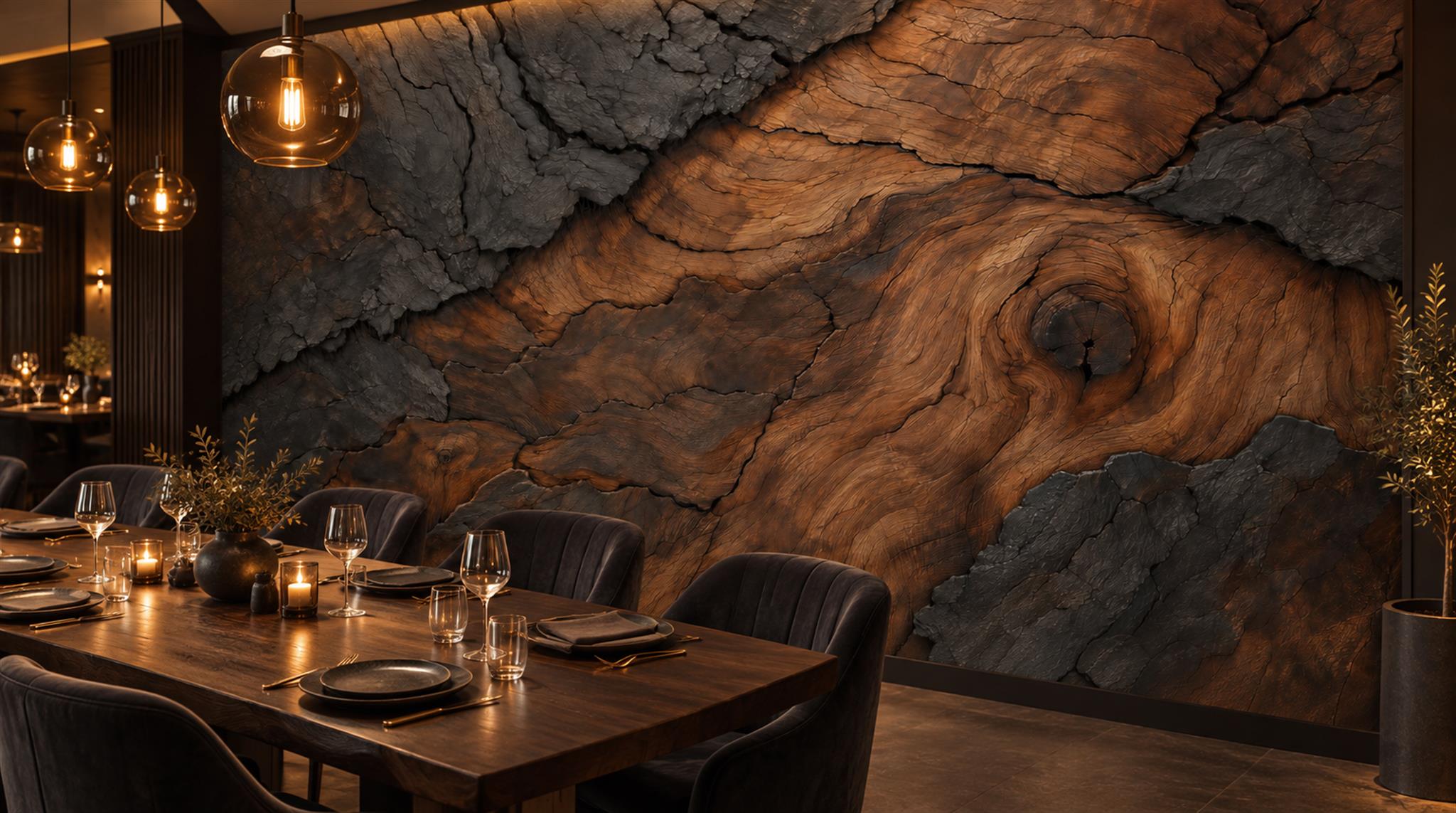 Brown And Red Decorative Patterning Textured Wallpaper Mural Dining-room-wallpaper-murals, Shown In A Dining Room, Peel-and-stick Finish
