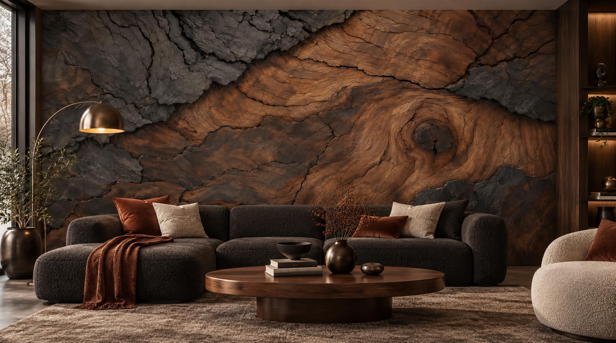 Brown And Red Decorative Patterning Textured Wallpaper Mural Living-room-wallpaper-murals, Shown In A Living Room, Peel-and-stick Finish