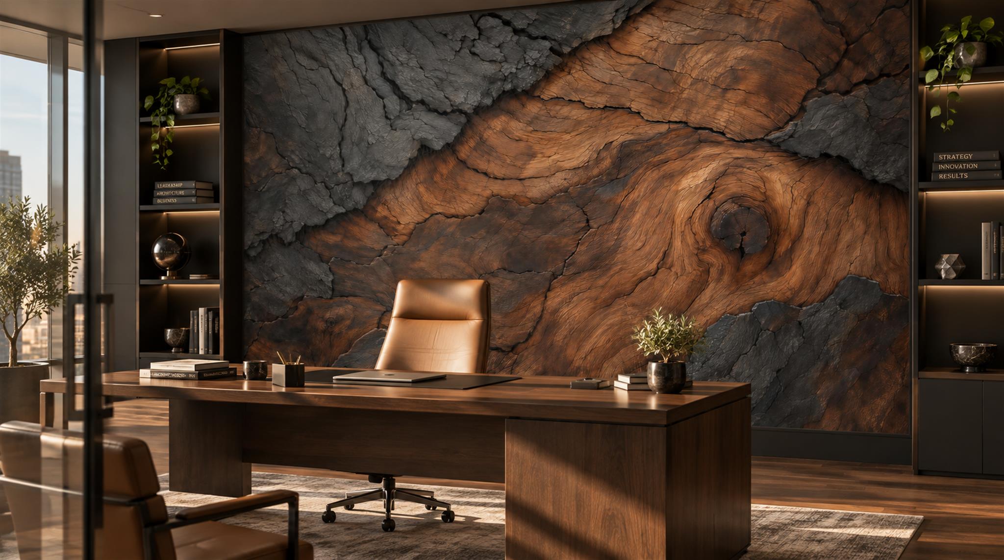 Brown And Red Decorative Patterning Textured Wallpaper Mural Office-wallpaper-murals, Shown In A Home Office, Peel-and-stick Finish