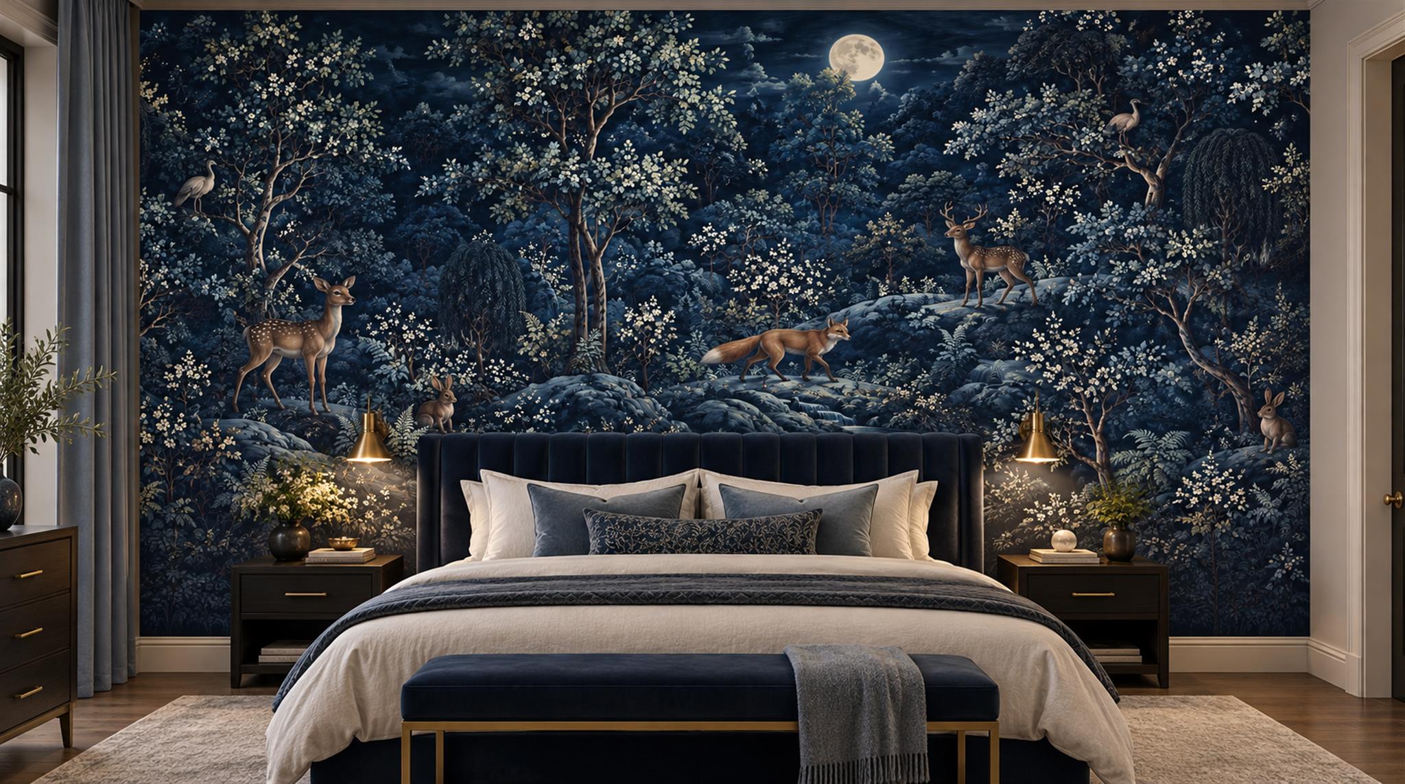 Red And Navy Decorative Patterning Painterly Wallpaper Mural Bedroom-wallpaper-murals, Peel-and-stick Finish