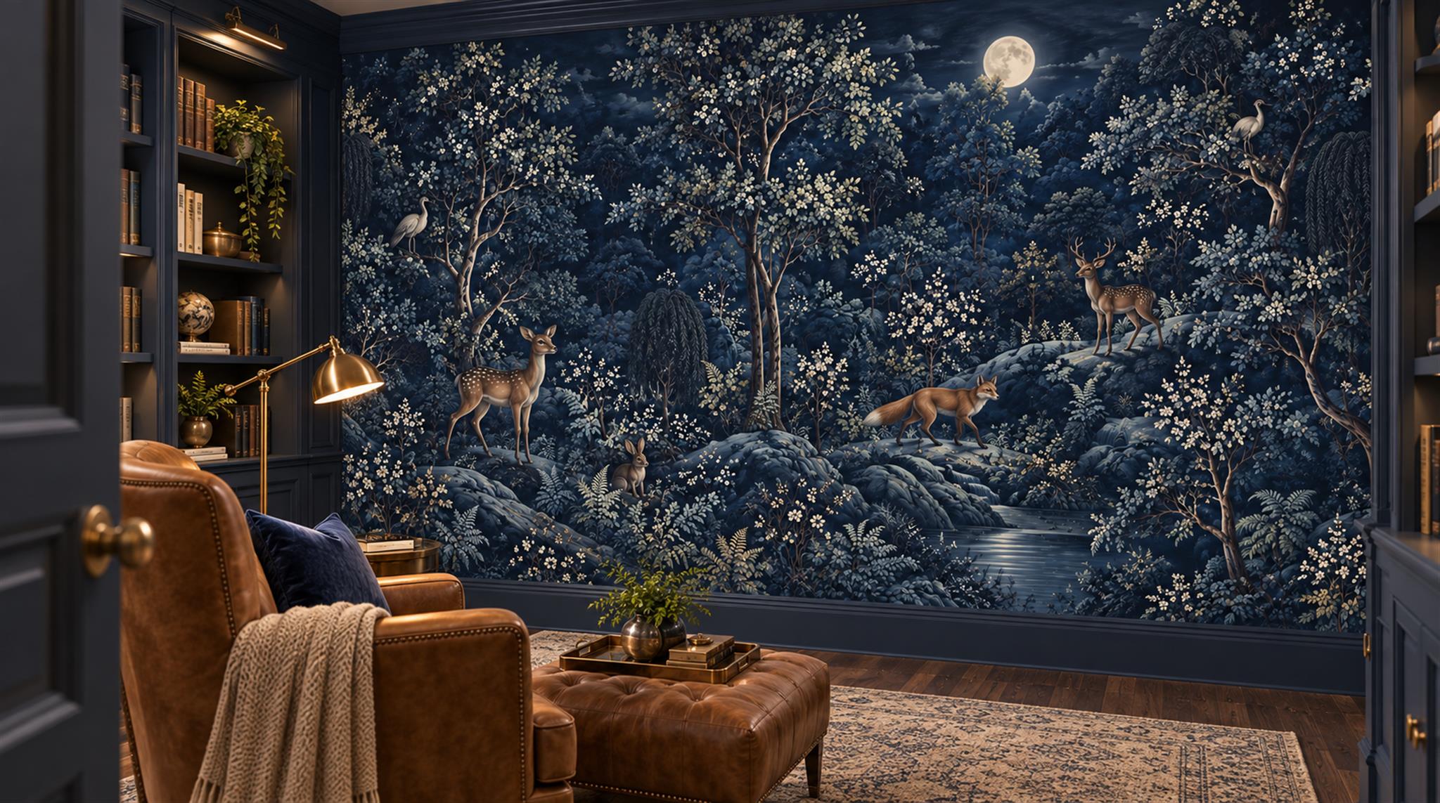 Red And Navy Decorative Patterning Painterly Wallpaper Mural Library-wallpaper-murals, Peel-and-stick Finish