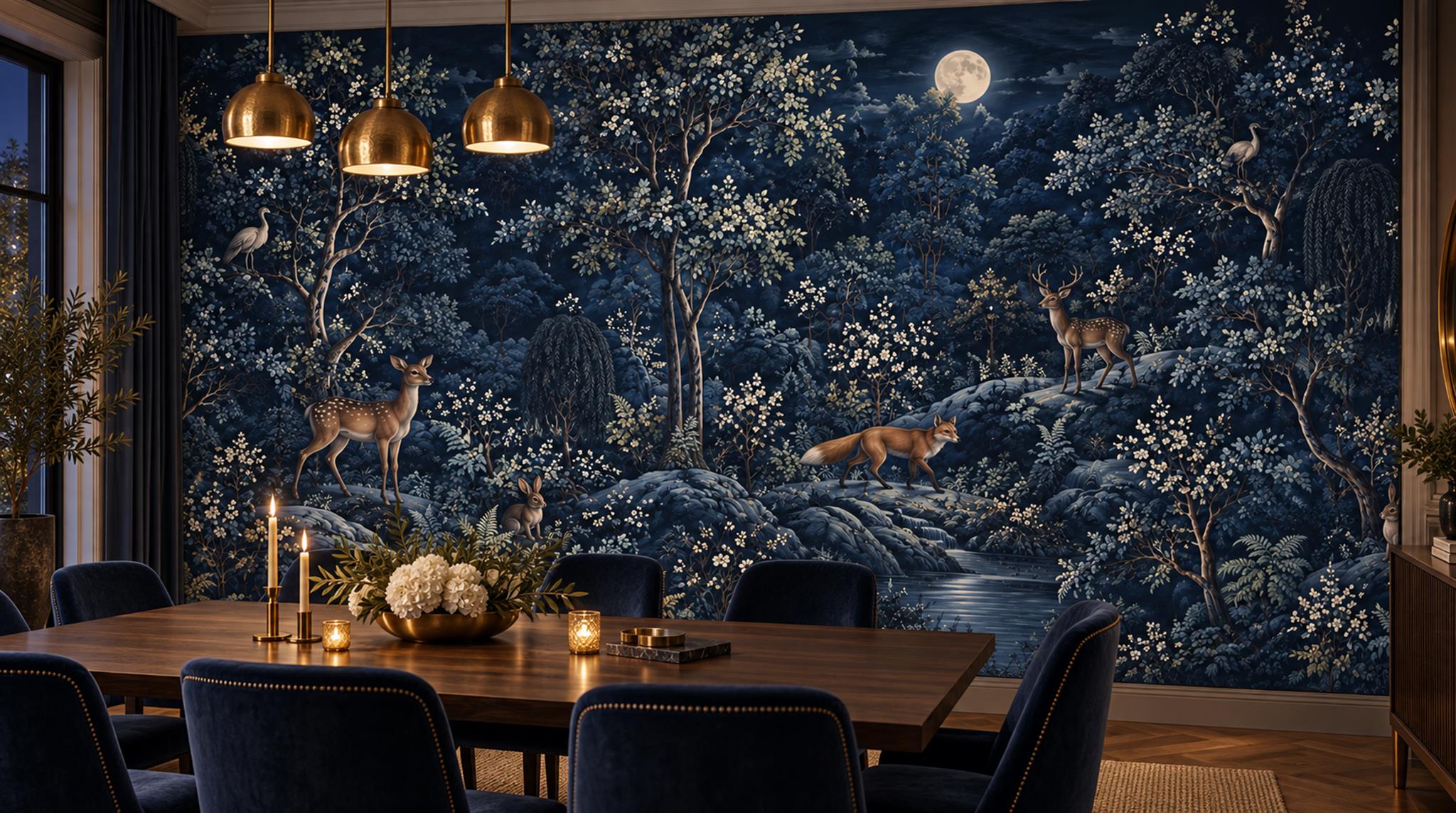 Red And Navy Decorative Patterning Painterly Wallpaper Mural Dining-room-wallpaper-murals, Shown In A Dining Room, Peel-and-stick Finish