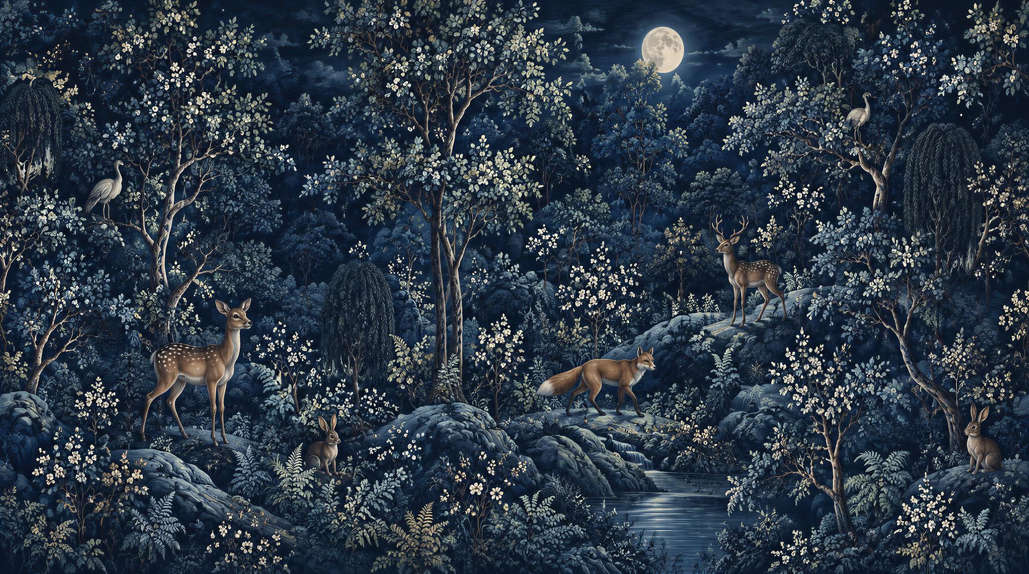 Moonlit Deer In A Blue Woodland Wallpaper Mural — Wallpaper Mural Design, Peel-and-stick Finish