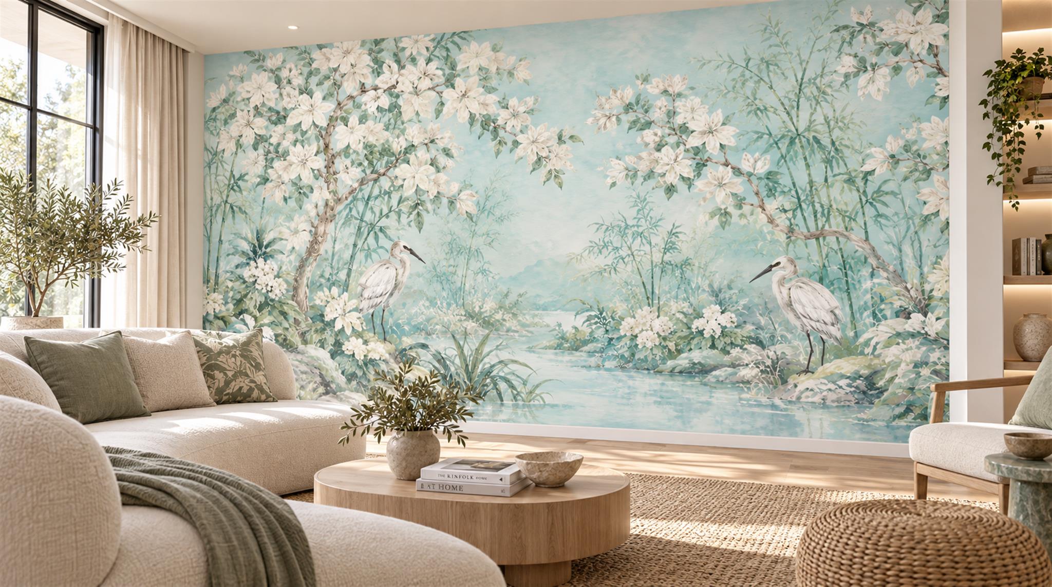 Red And Sage Green Decorative Patterning Wallpaper Atmospheric Wallpaper Living-room-wallpaper-murals, Shown In A Living Room, Peel-and-stick Finish