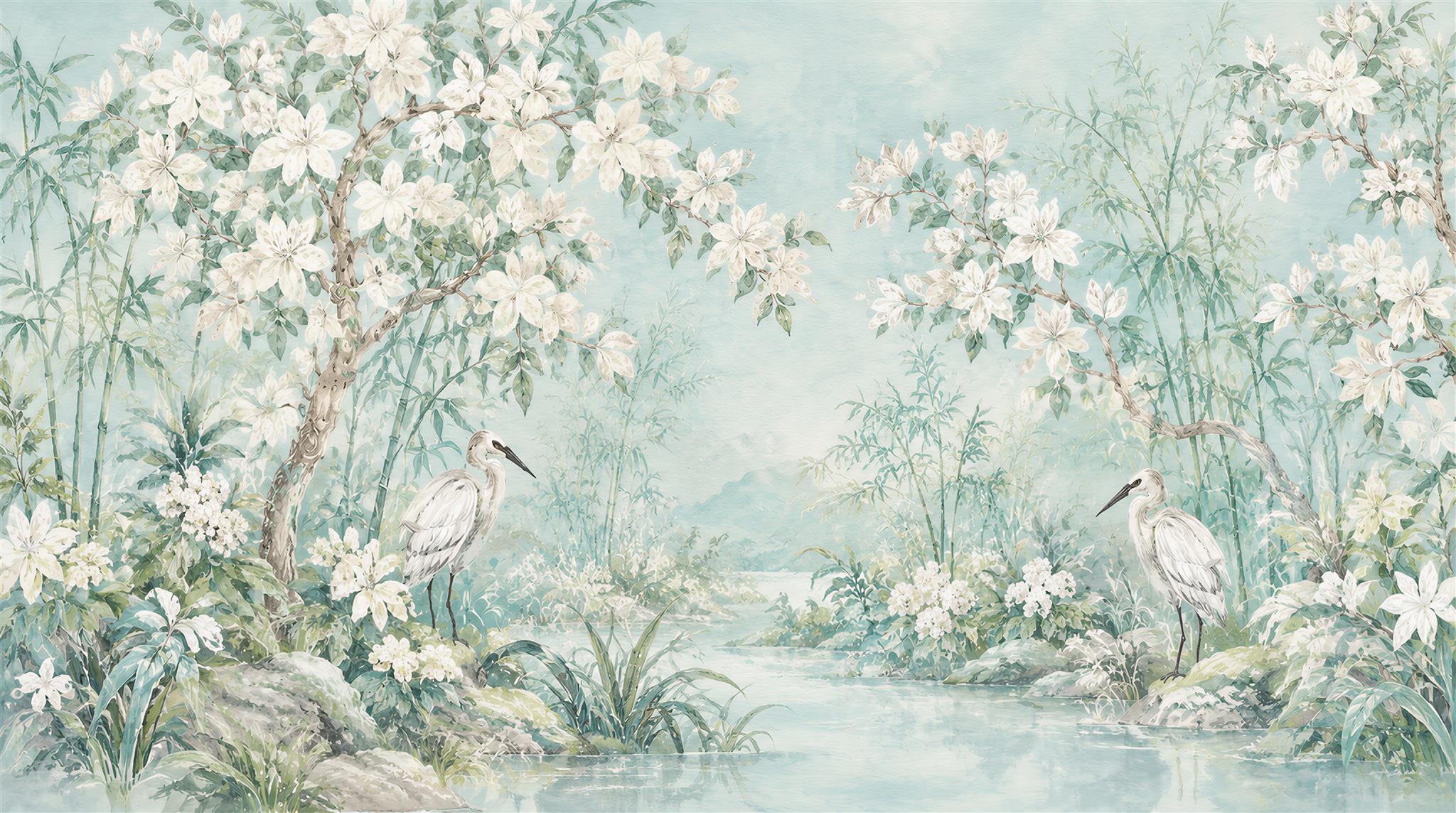 White Herons And Blossoms River Wallpaper Mural — Wallpaper Mural Design, Peel-and-stick Finish