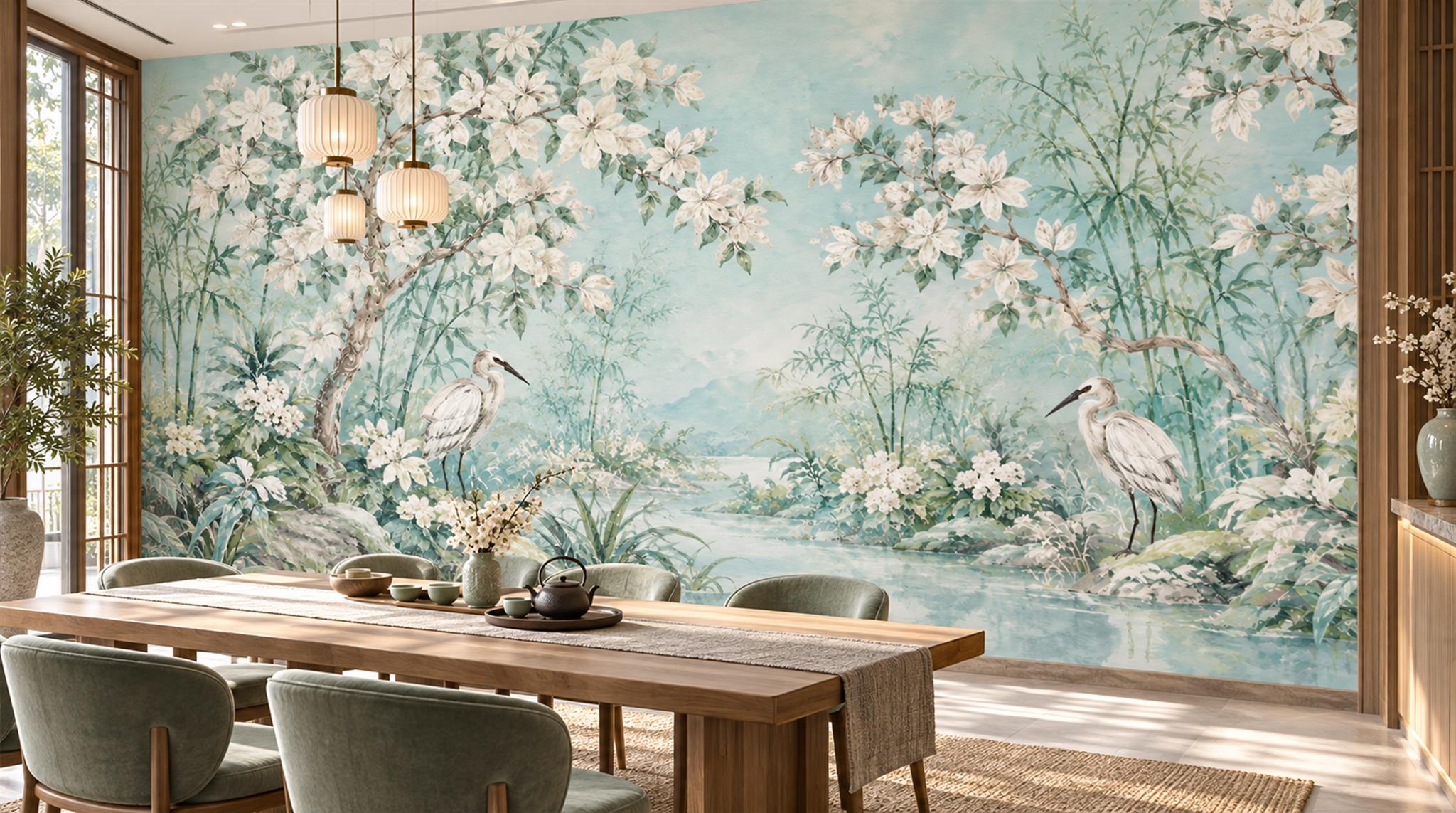 Red And Sage Green Decorative Patterning Wallpaper Atmospheric Wallpaper Spa-wallpaper-murals, Peel-and-stick Finish