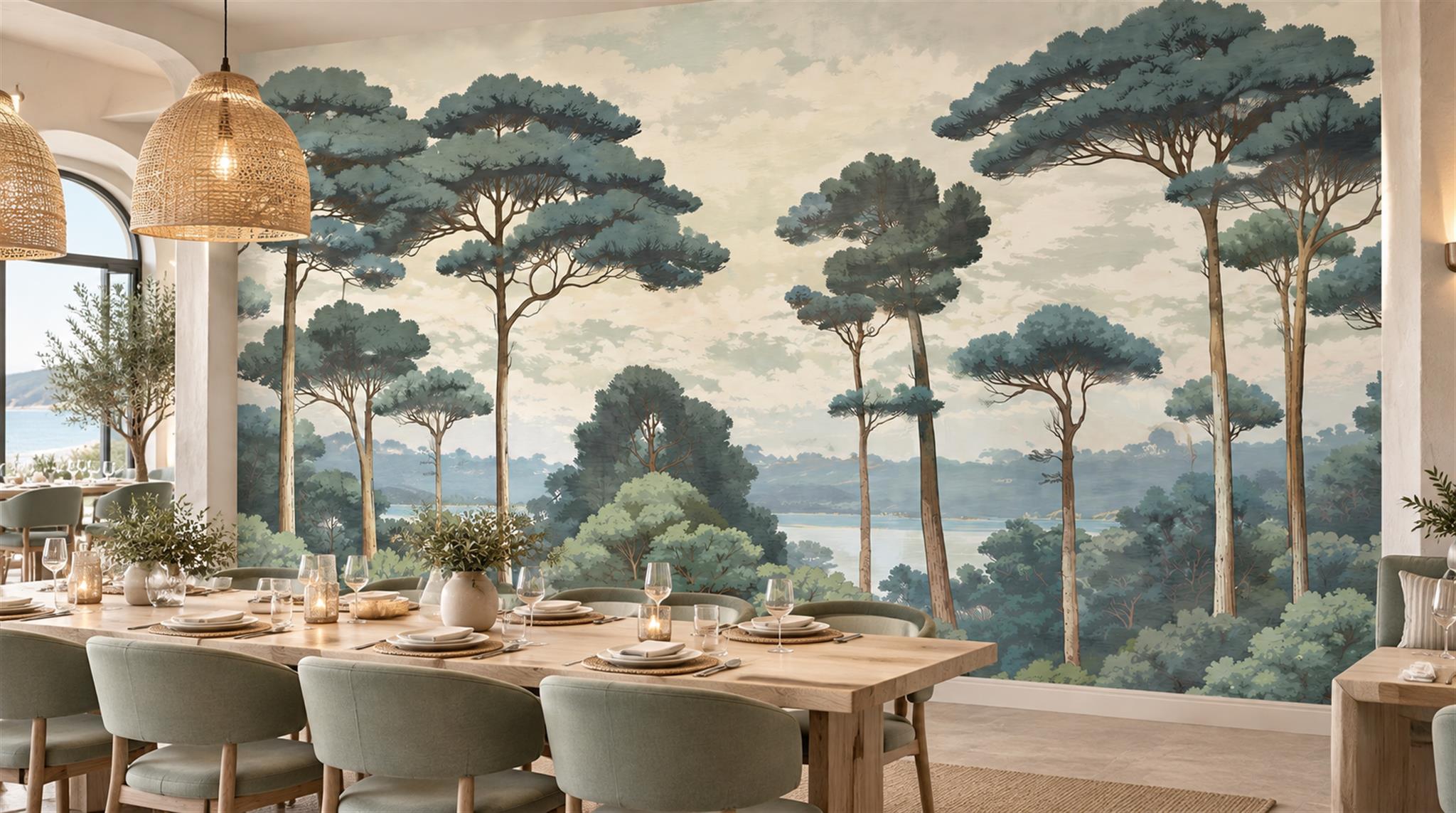 Tan And Red Decorative Patterning Wallpaper Mural Dining-room-wallpaper-murals, Shown In A Dining Room, Peel-and-stick Finish