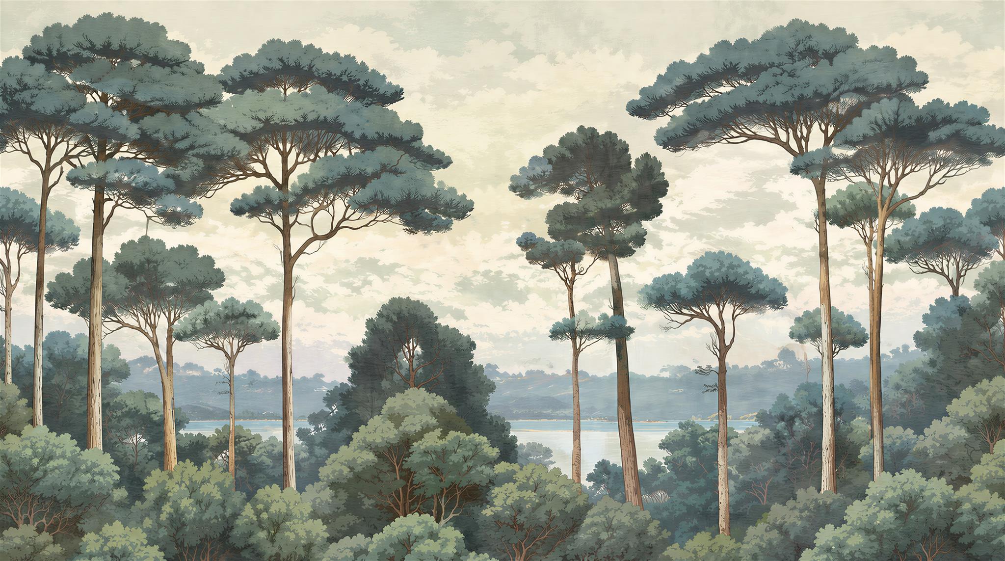 Pine Trees Beside A Misty Lake Wallpaper Mural — Wallpaper Mural Design, Peel-and-stick Finish