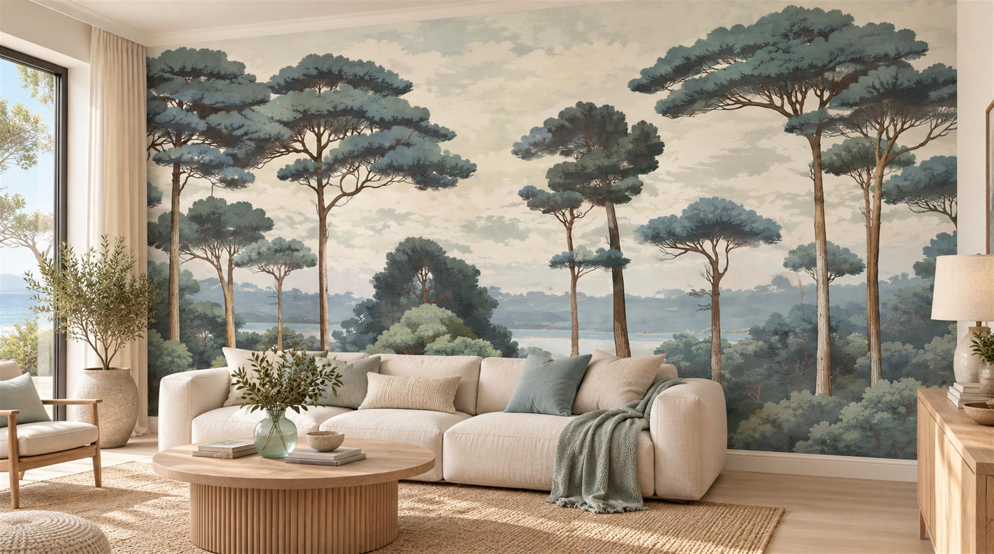 Tan And Red Decorative Patterning Wallpaper Mural Living-room-wallpaper-murals, Shown In A Living Room, Peel-and-stick Finish