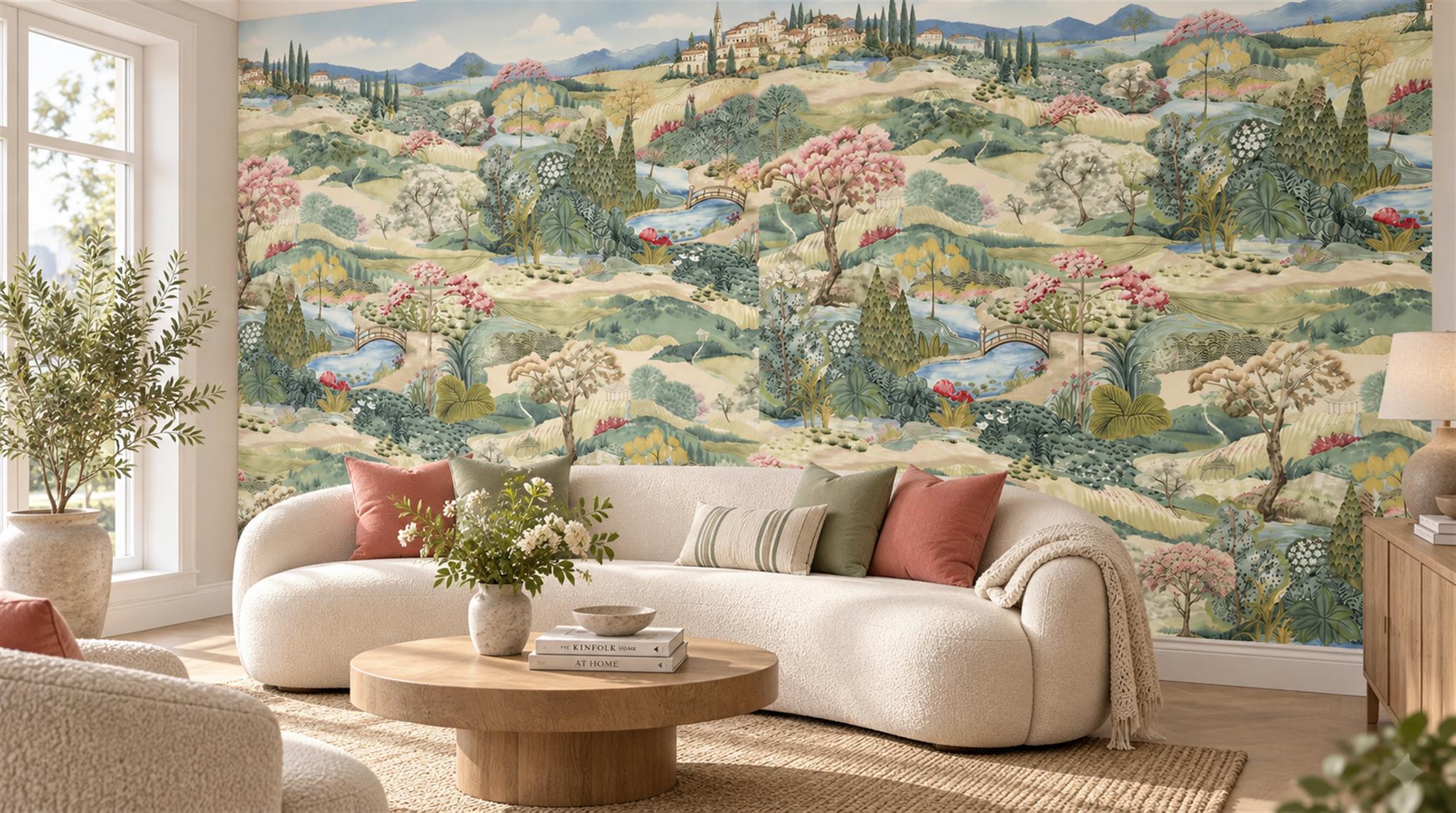 Red And Neutral Decorative Patterning Wallpaper Mural Layered Marks Living-room-wallpaper-murals, Shown In A Living Room, Peel-and-stick Finish