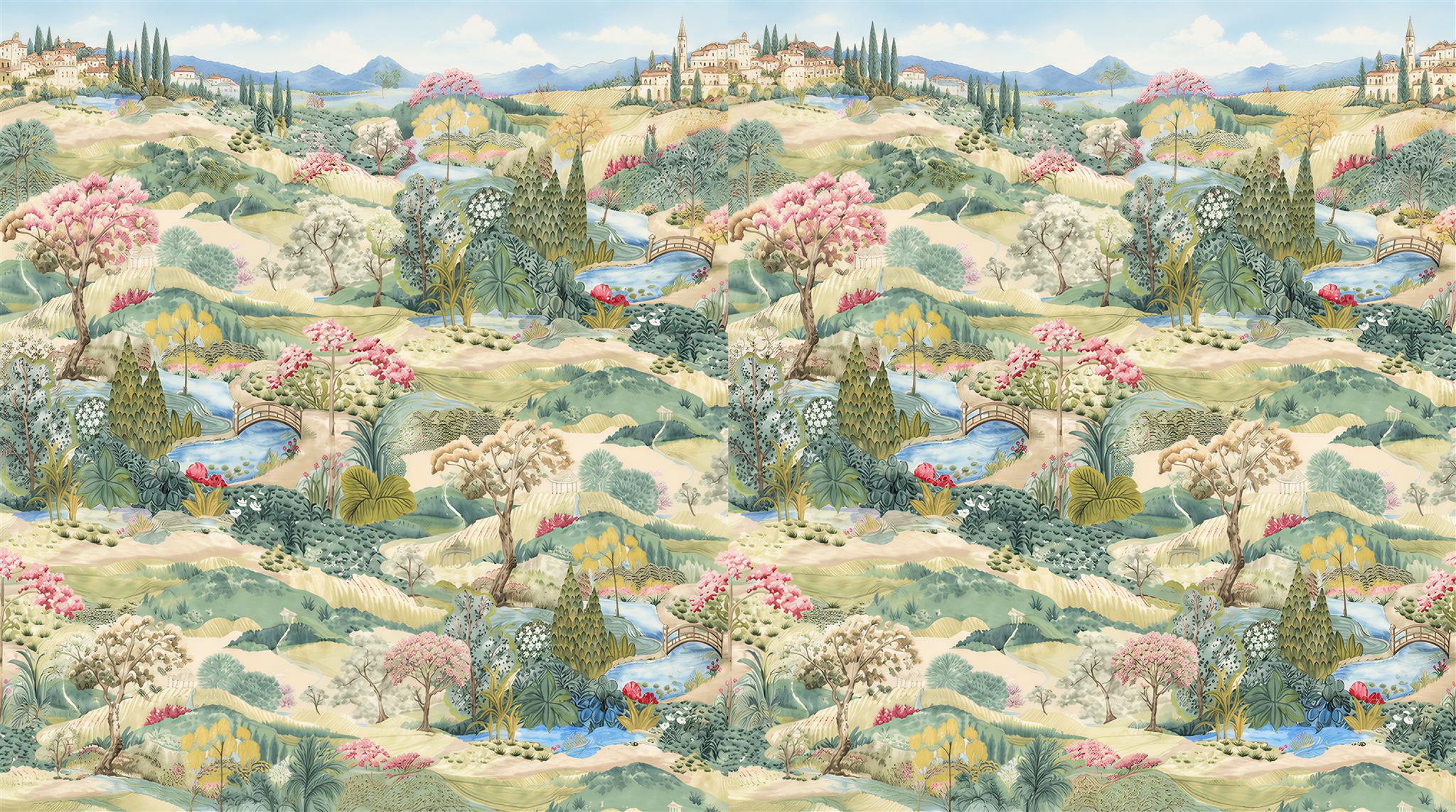 Colourful Flower Fields And Streams Wallpaper Mural — Wallpaper Mural Design, Peel-and-stick Finish