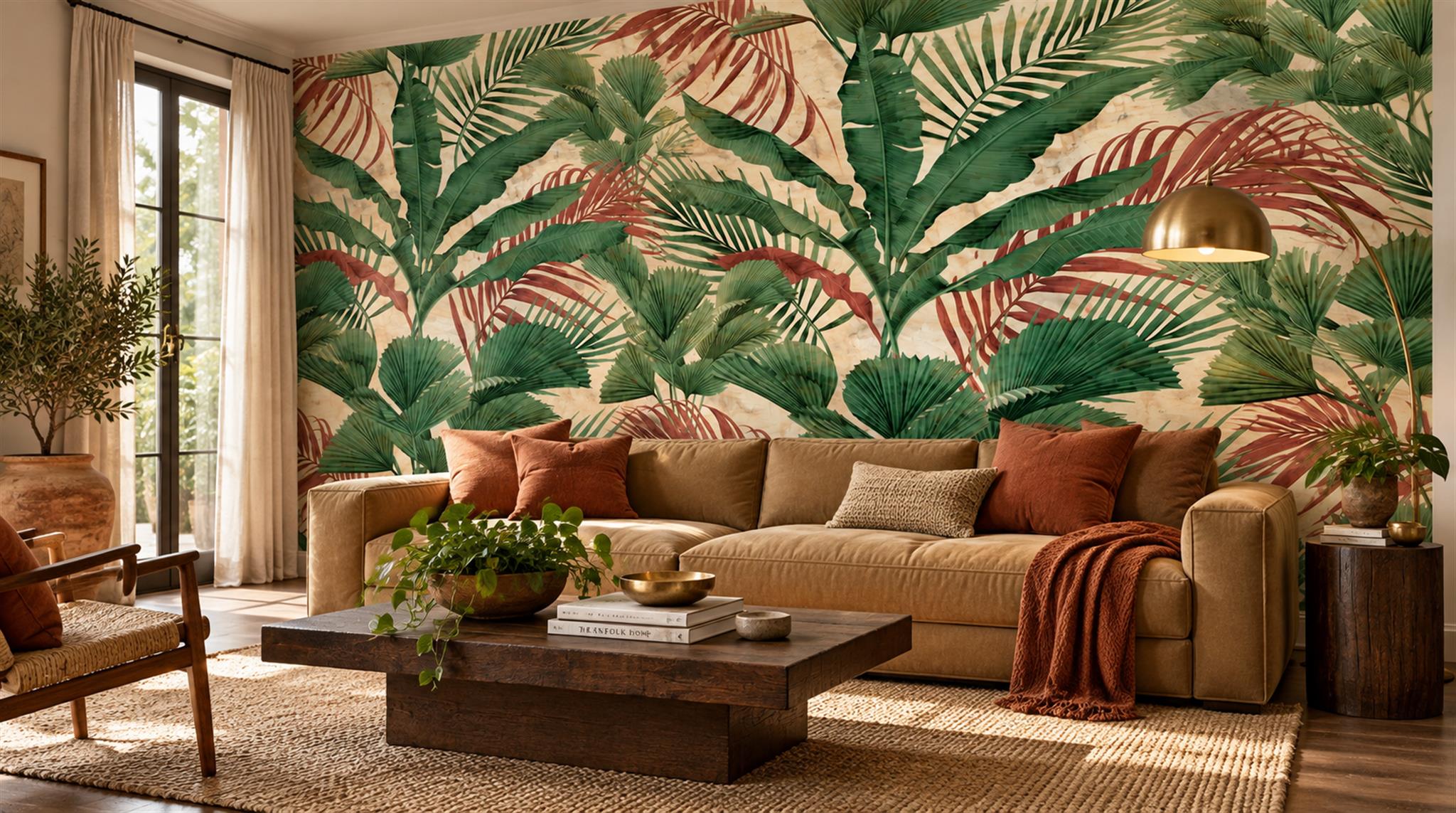 Red And Green Palm Leaves Decorative Wallpaper Mural Living-room-wallpaper-murals, Shown In A Living Room, Peel-and-stick Finish