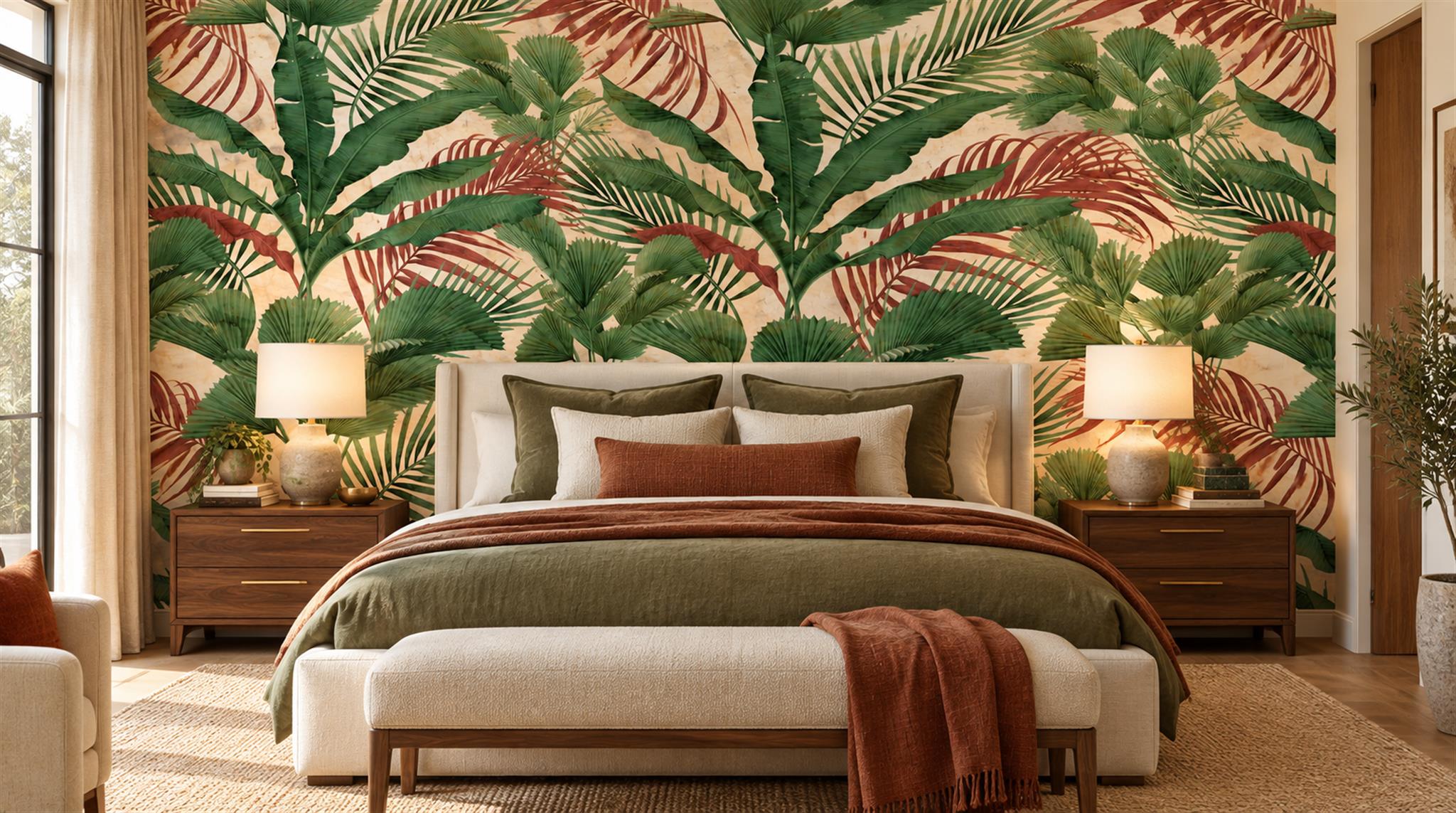 Red And Green Palm Leaves Decorative Wallpaper Mural Bedroom-wallpaper-murals, Peel-and-stick Finish