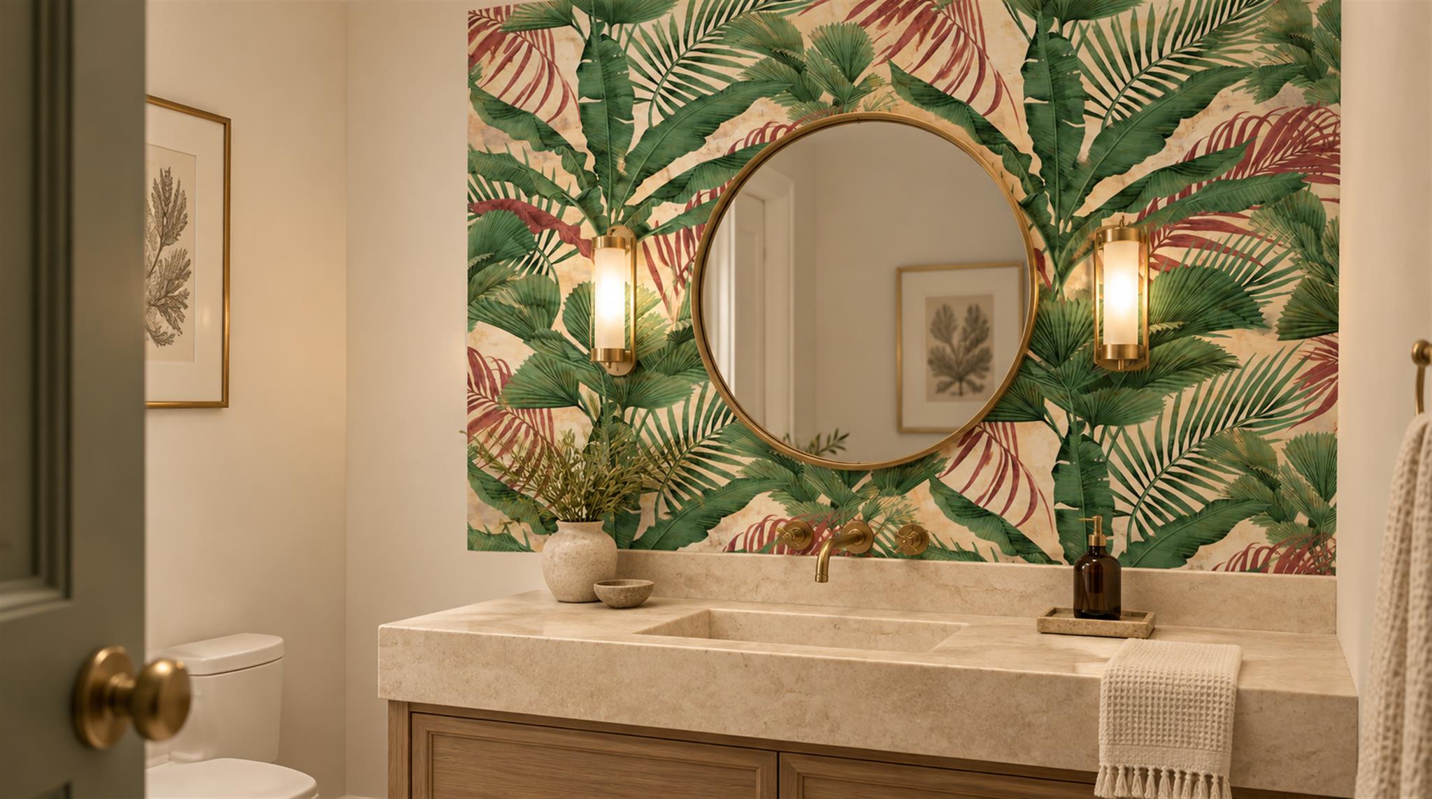 Red And Green Palm Leaves Decorative Wallpaper Mural Powder-room-wallpaper-murals, Peel-and-stick Finish