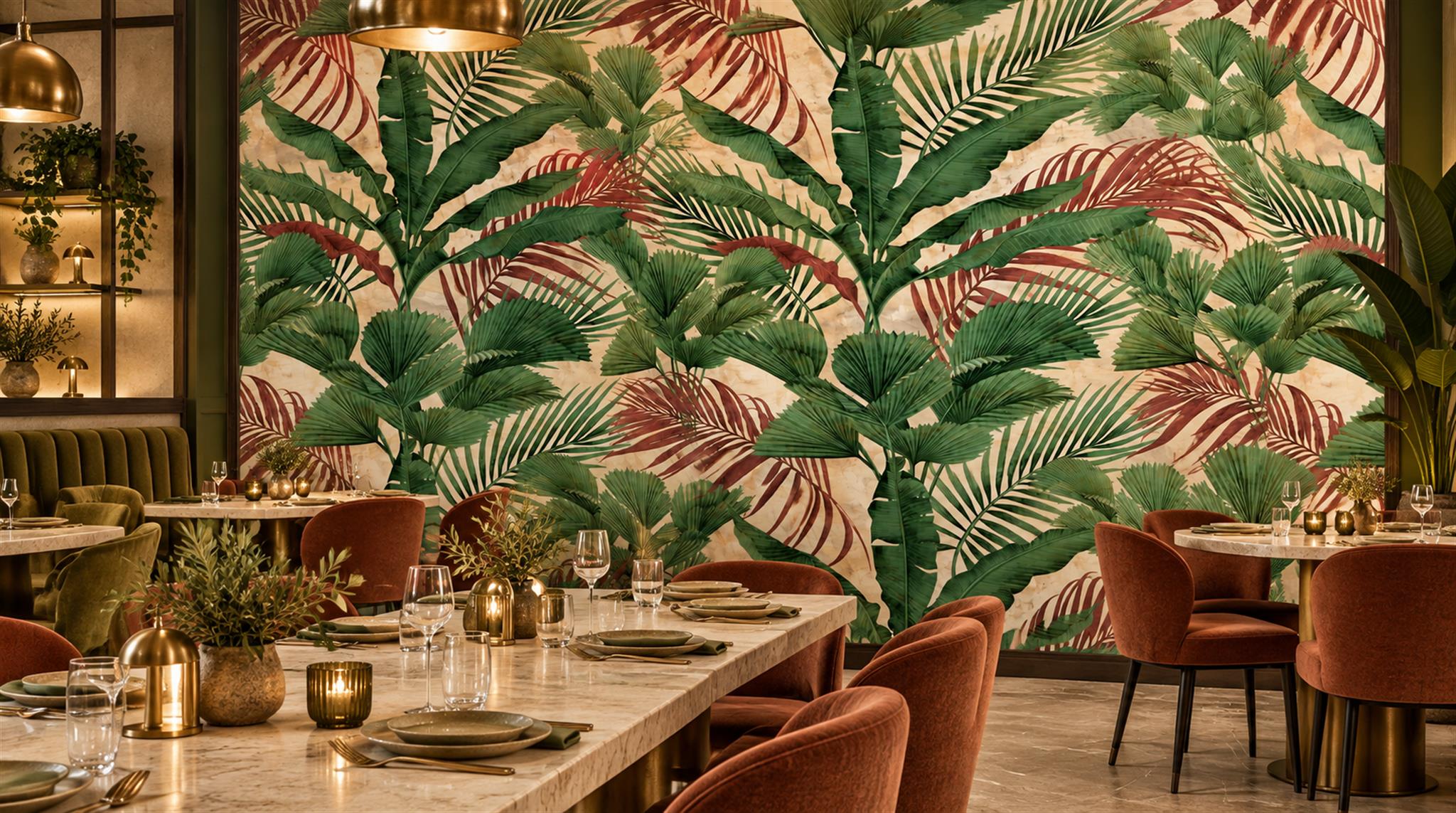 Red And Green Palm Leaves Decorative Wallpaper Mural Accent-wall-wallpaper-murals, Peel-and-stick Finish