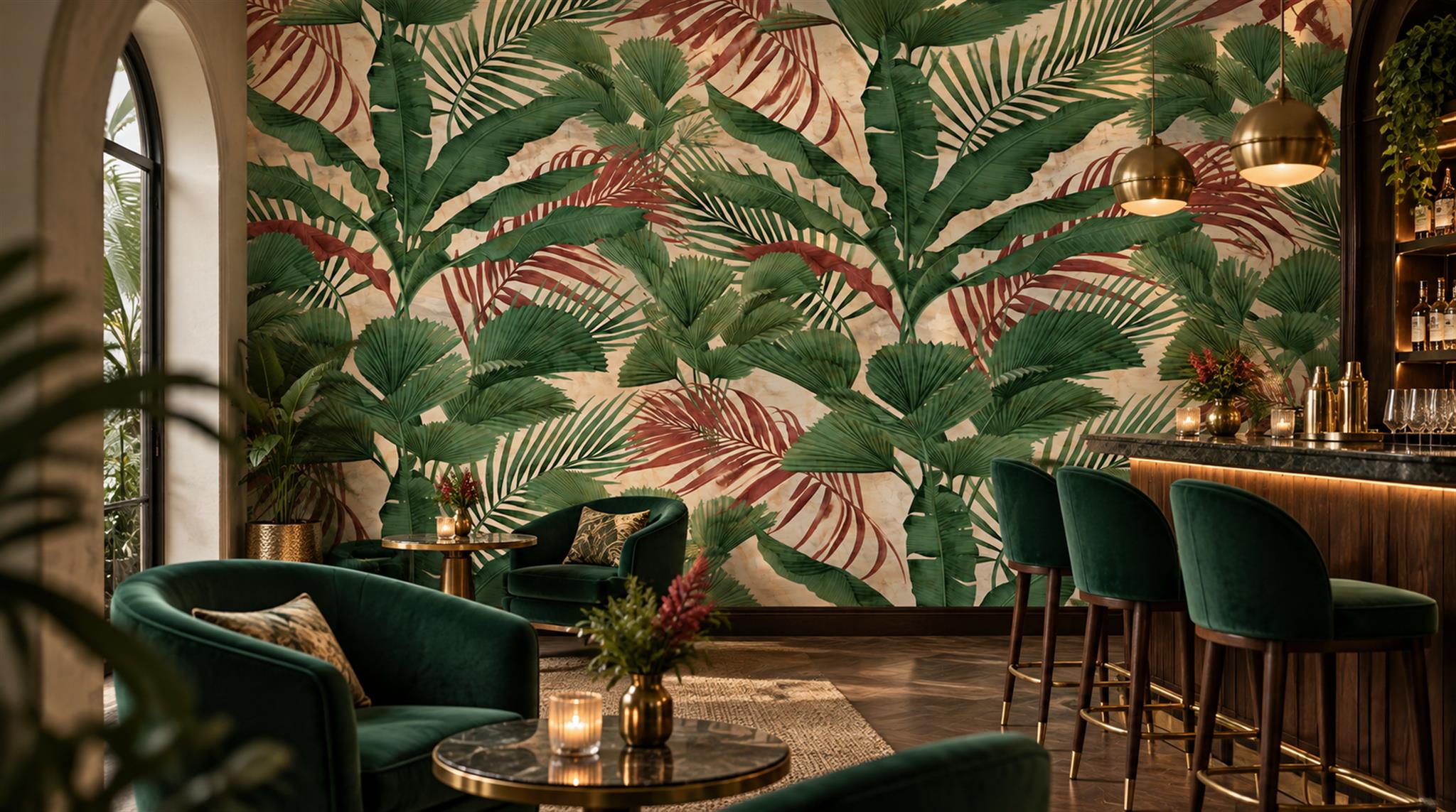 Red And Green Palm Leaves Decorative Wallpaper Mural Powder-room-wallpaper-murals, Peel-and-stick Finish