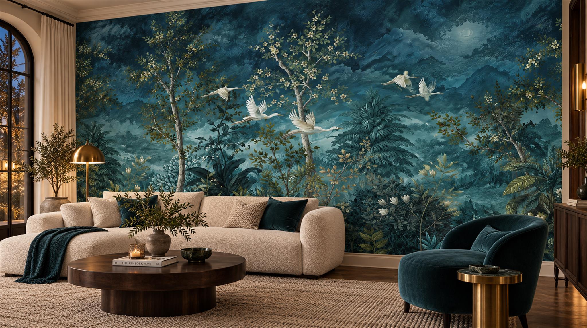 Red And Navy Woodland Trees Wallpaper Mural Living-room-wallpaper-murals, Shown In A Living Room, Peel-and-stick Finish