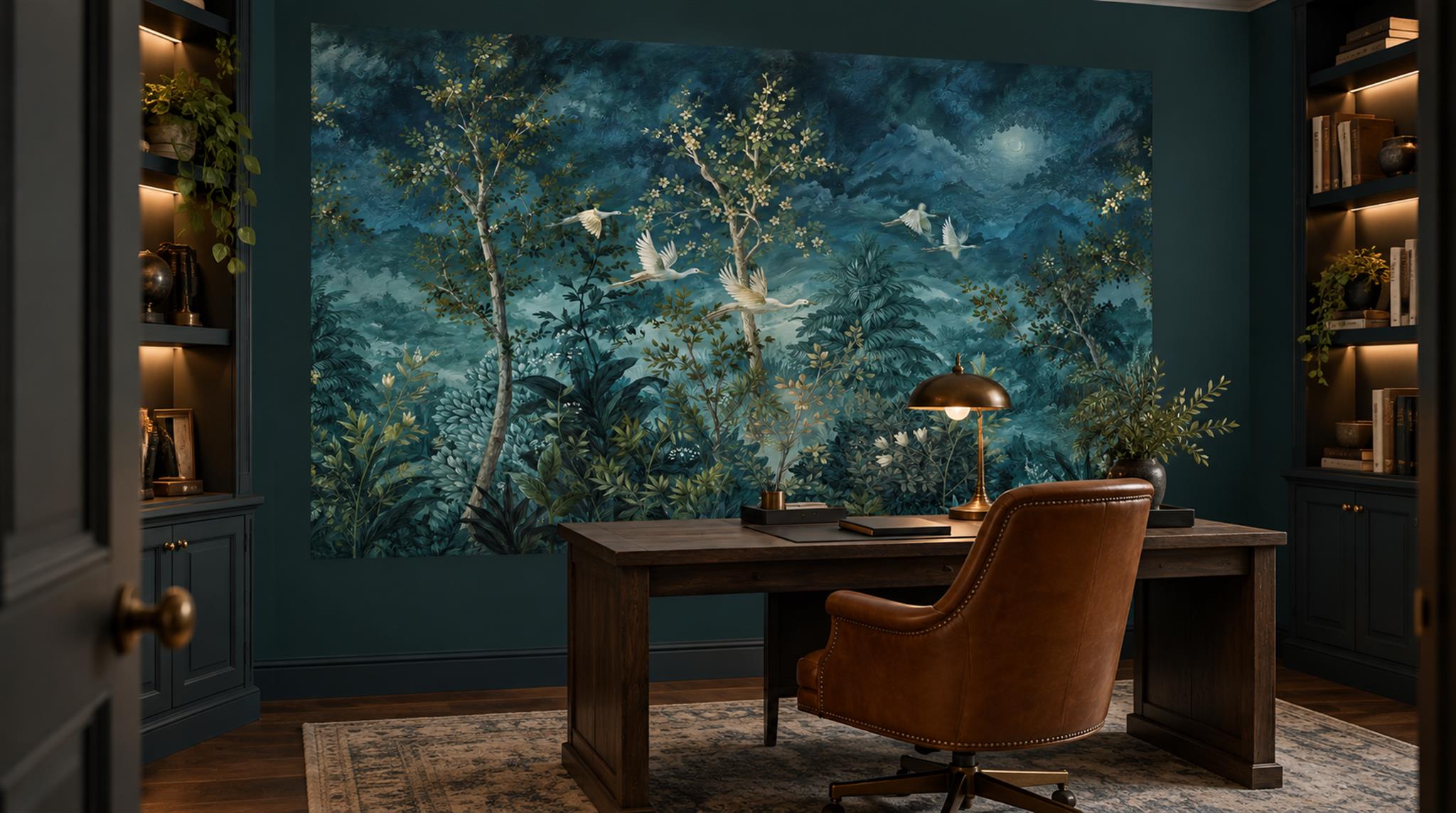 Red And Navy Woodland Trees Wallpaper Mural Accent-wall-wallpaper-murals, Peel-and-stick Finish