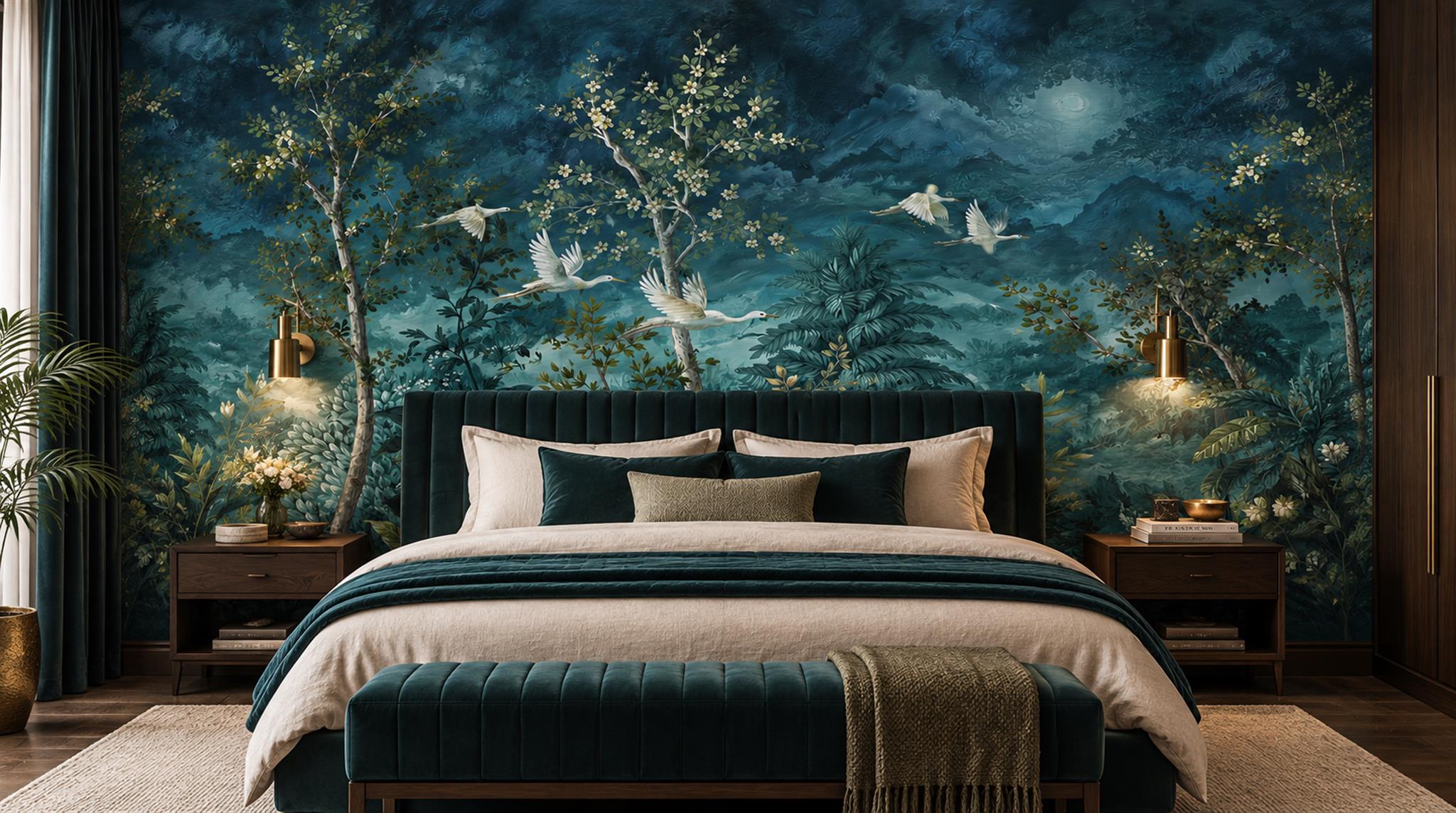 Red And Navy Woodland Trees Wallpaper Mural Bedroom-wallpaper-murals, Peel-and-stick Finish
