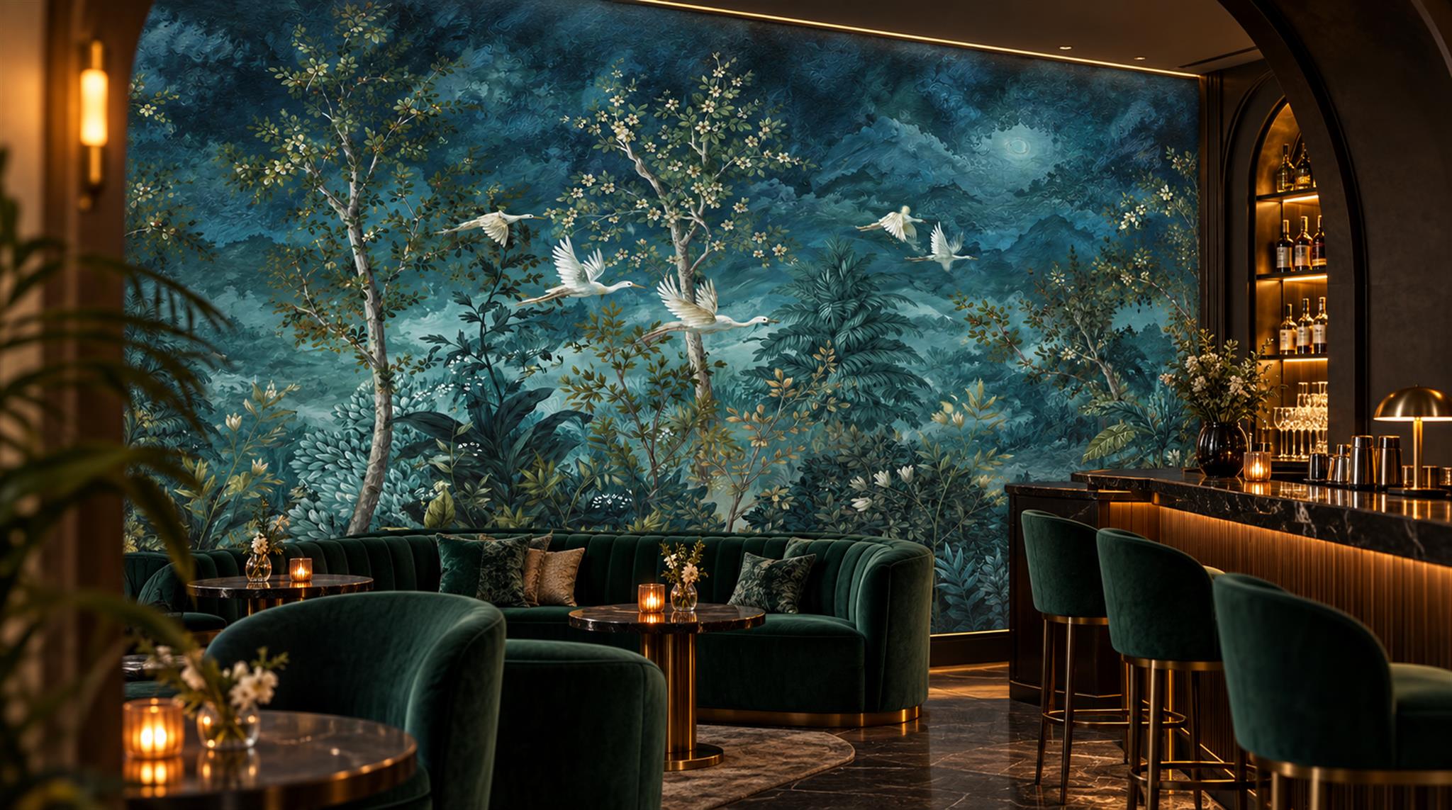 Red And Navy Woodland Trees Wallpaper Mural Feature-wall-wallpaper-murals, Peel-and-stick Finish