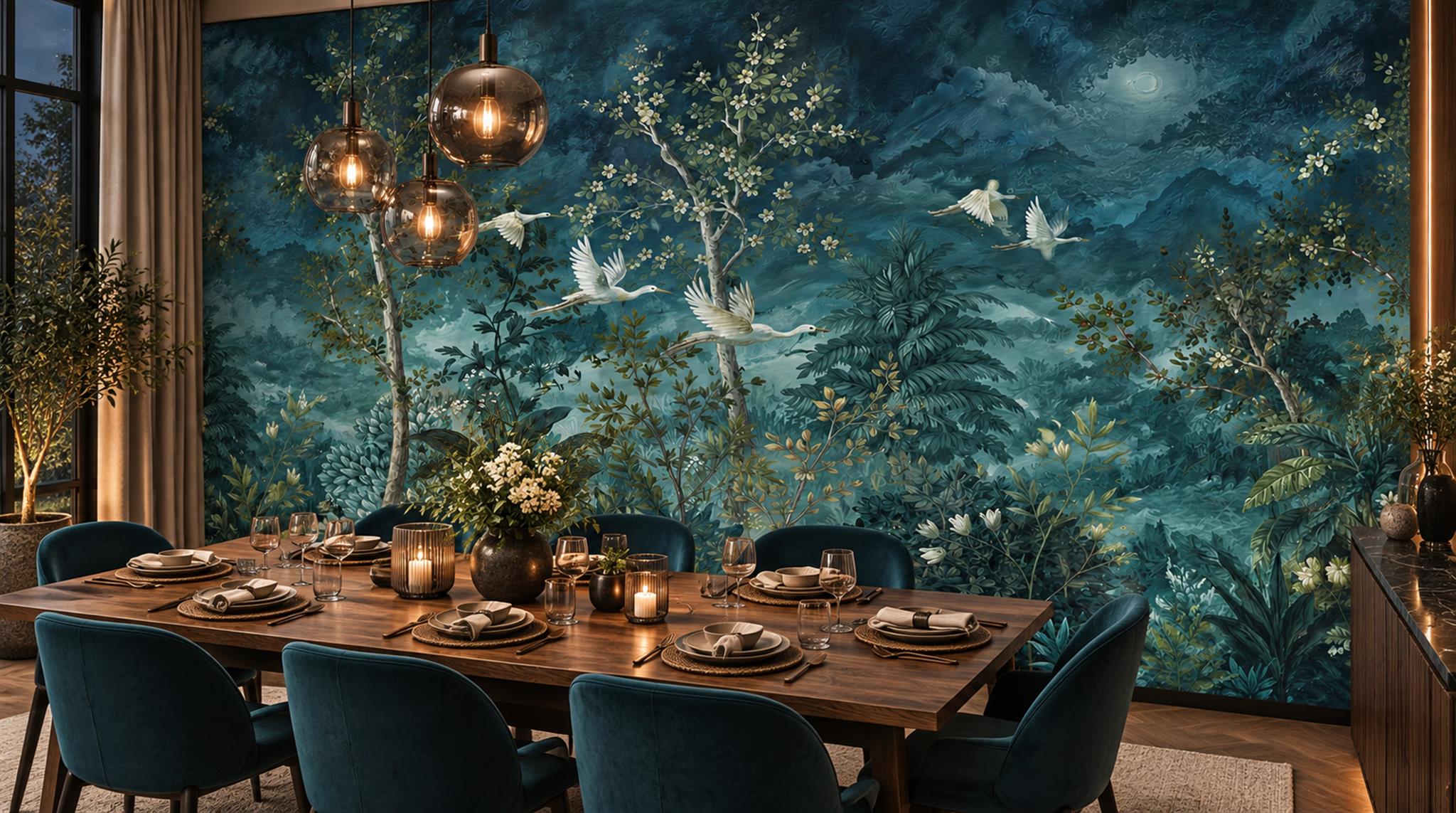Red And Navy Woodland Trees Wallpaper Mural Accent-wall-wallpaper-murals, Peel-and-stick Finish
