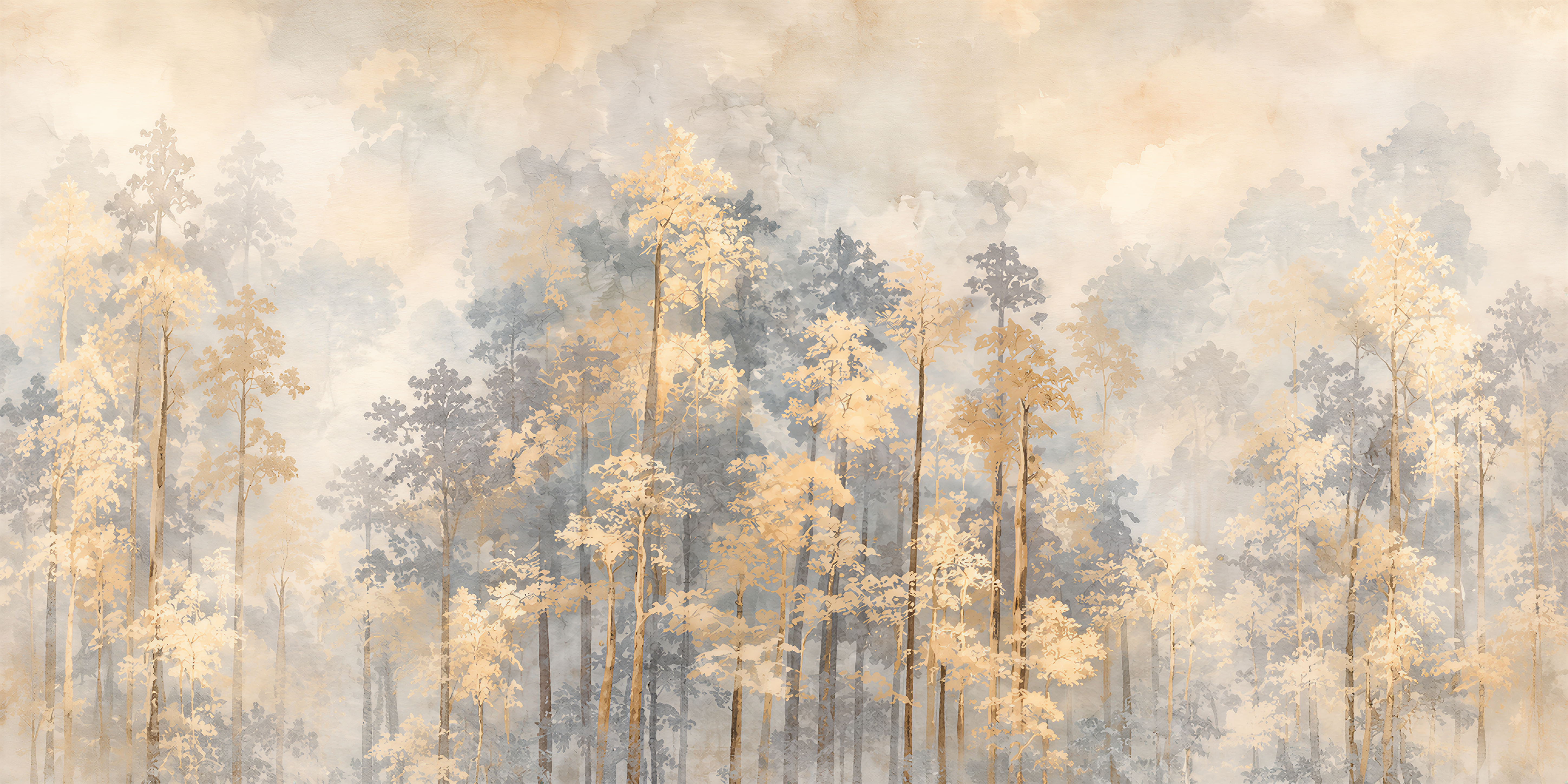 Gold And Red Woodland Trees Wallpaper Mural, Peel-and-stick Finish