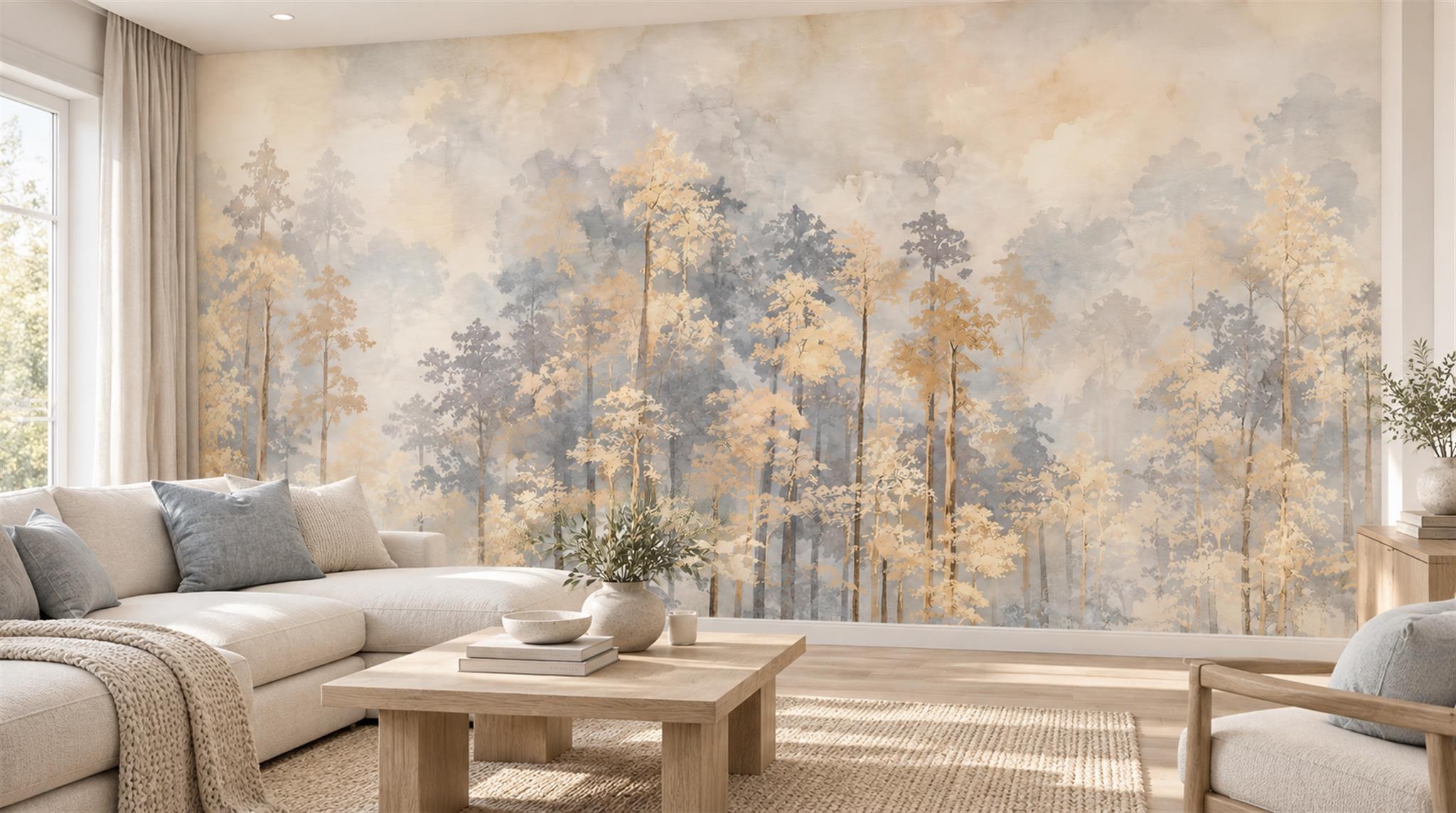 Gold And Red Woodland Trees Wallpaper Mural Living-room-wallpaper-murals, Shown In A Living Room, Peel-and-stick Finish