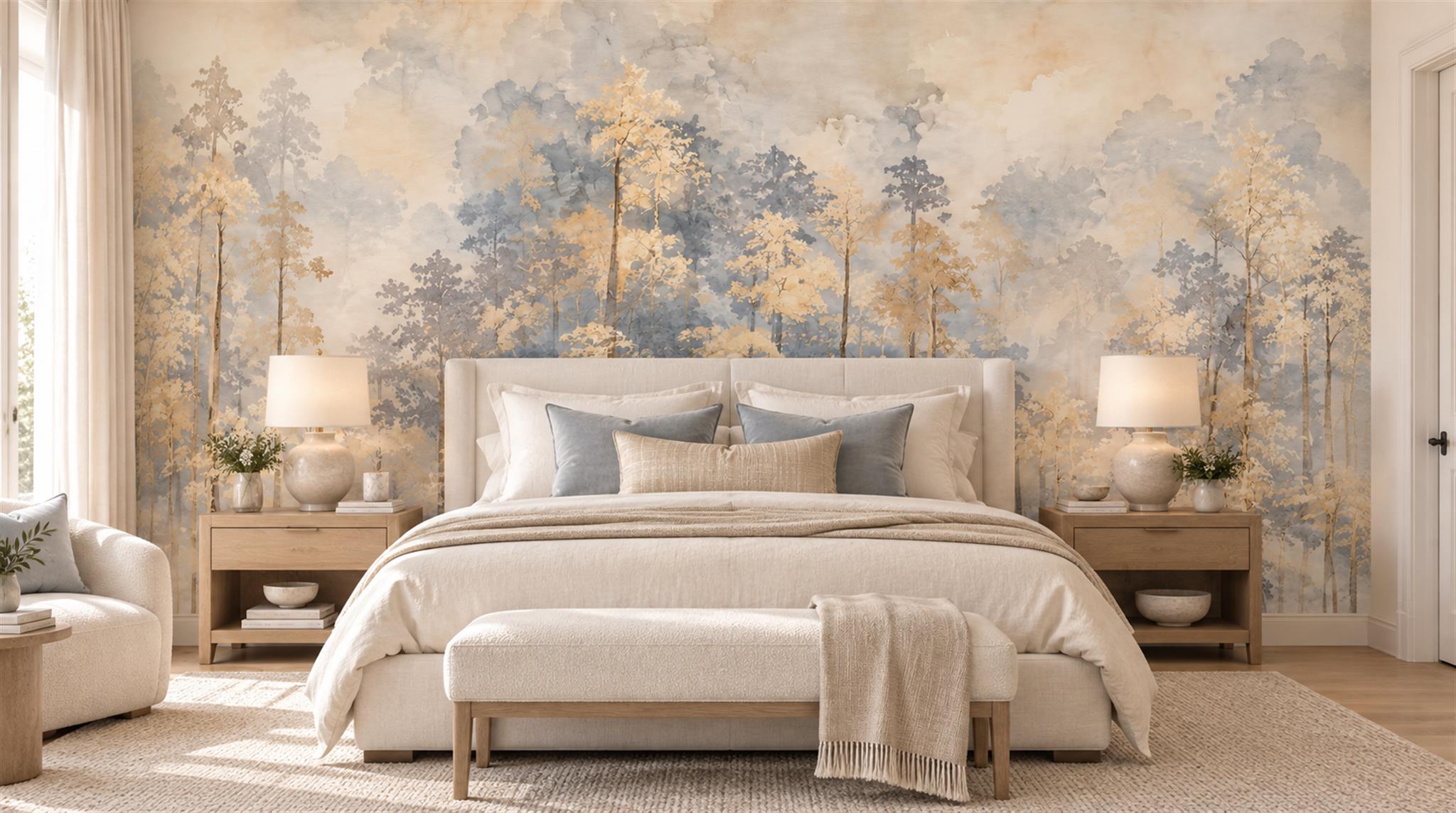Gold And Red Woodland Trees Wallpaper Mural Bedroom-wallpaper-murals, Peel-and-stick Finish