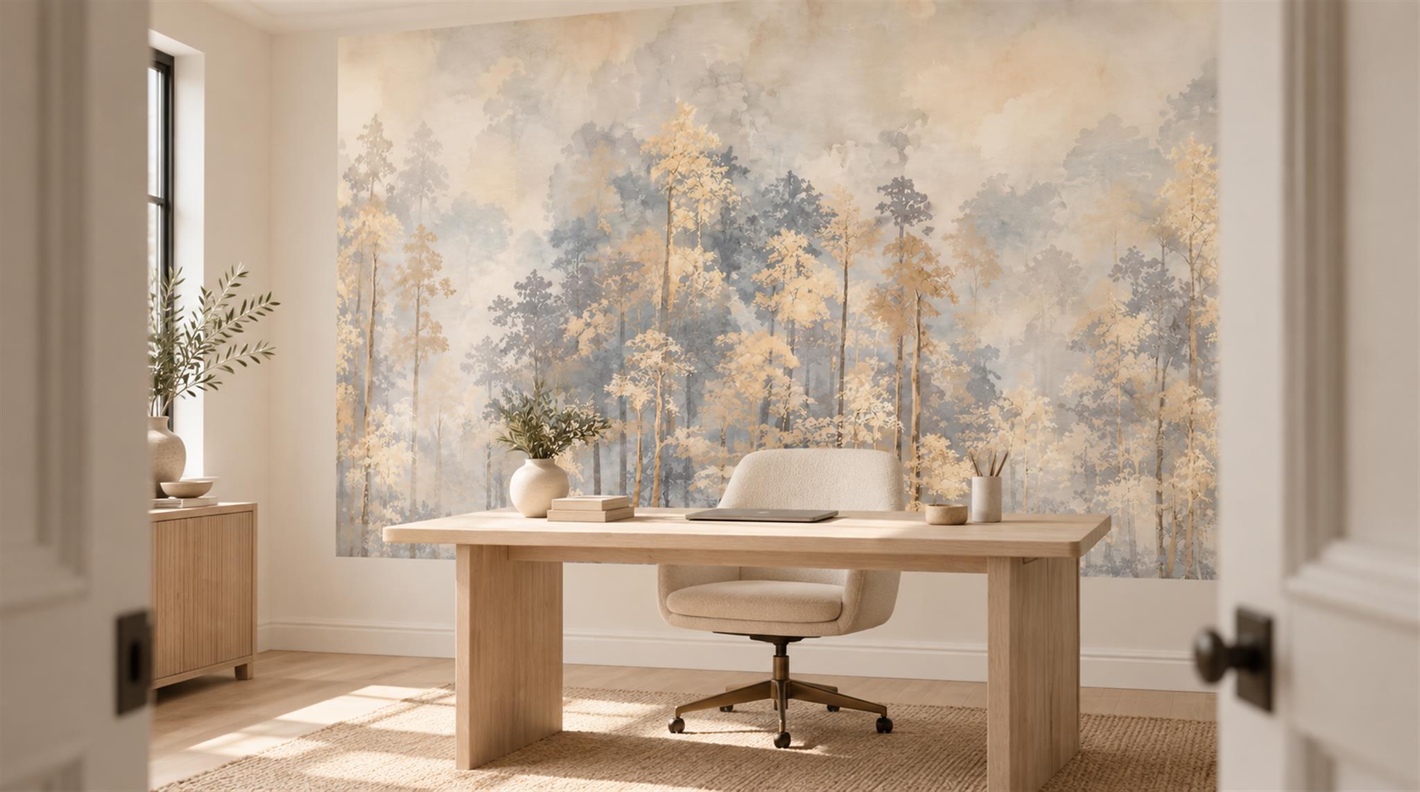 Gold And Red Woodland Trees Wallpaper Mural Office-wallpaper-murals, Shown In A Home Office, Peel-and-stick Finish