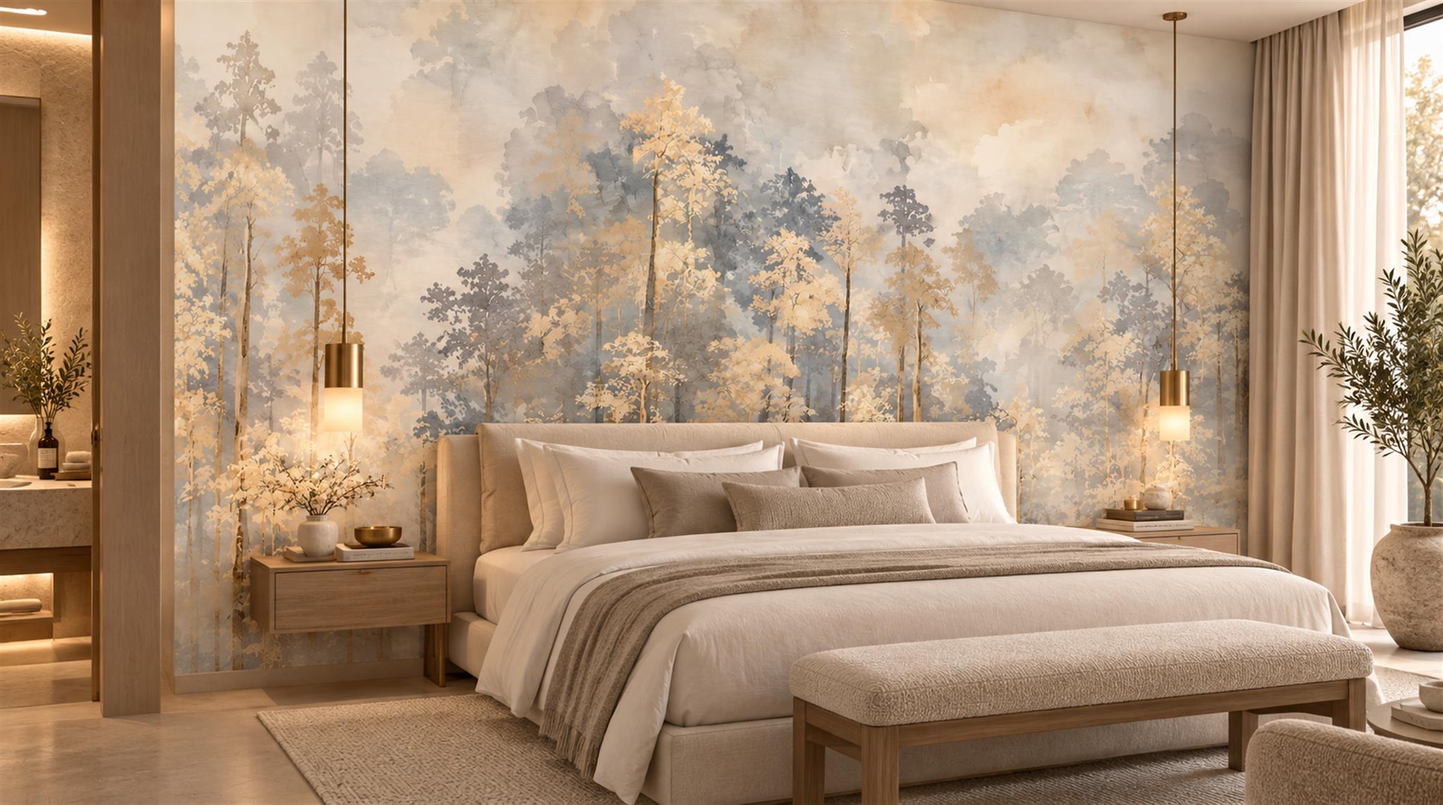Gold And Red Woodland Trees Wallpaper Mural Feature-wall-wallpaper-murals, Peel-and-stick Finish