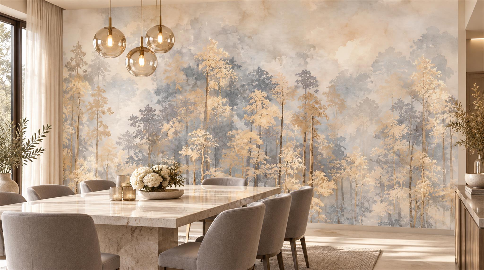 Gold And Red Woodland Trees Wallpaper Mural Bedroom-wallpaper-murals, Peel-and-stick Finish