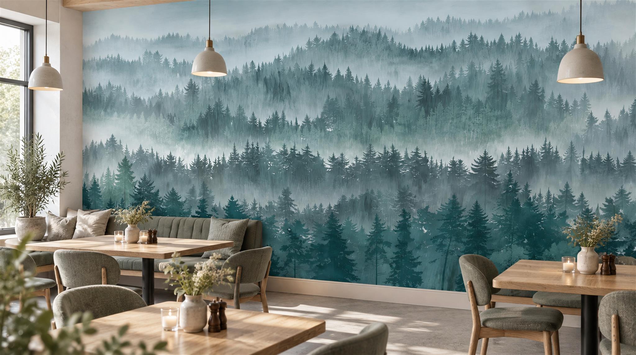 Red And Teal Woodland Trees Decorative Wallpaper Mural Cafe-wallpaper-murals, Peel-and-stick Finish