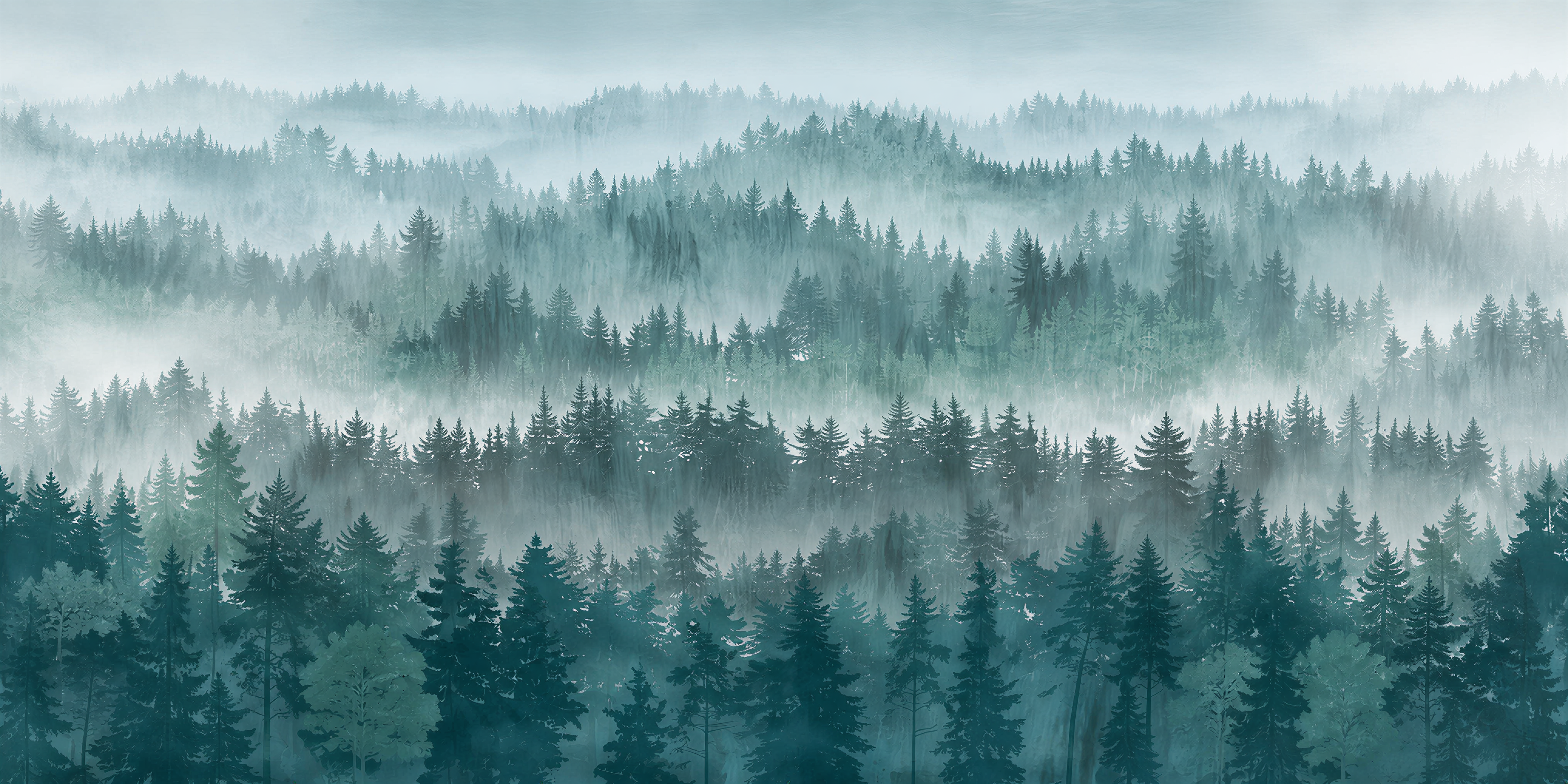 Red And Teal Woodland Trees Decorative Wallpaper Mural, Peel-and-stick Finish