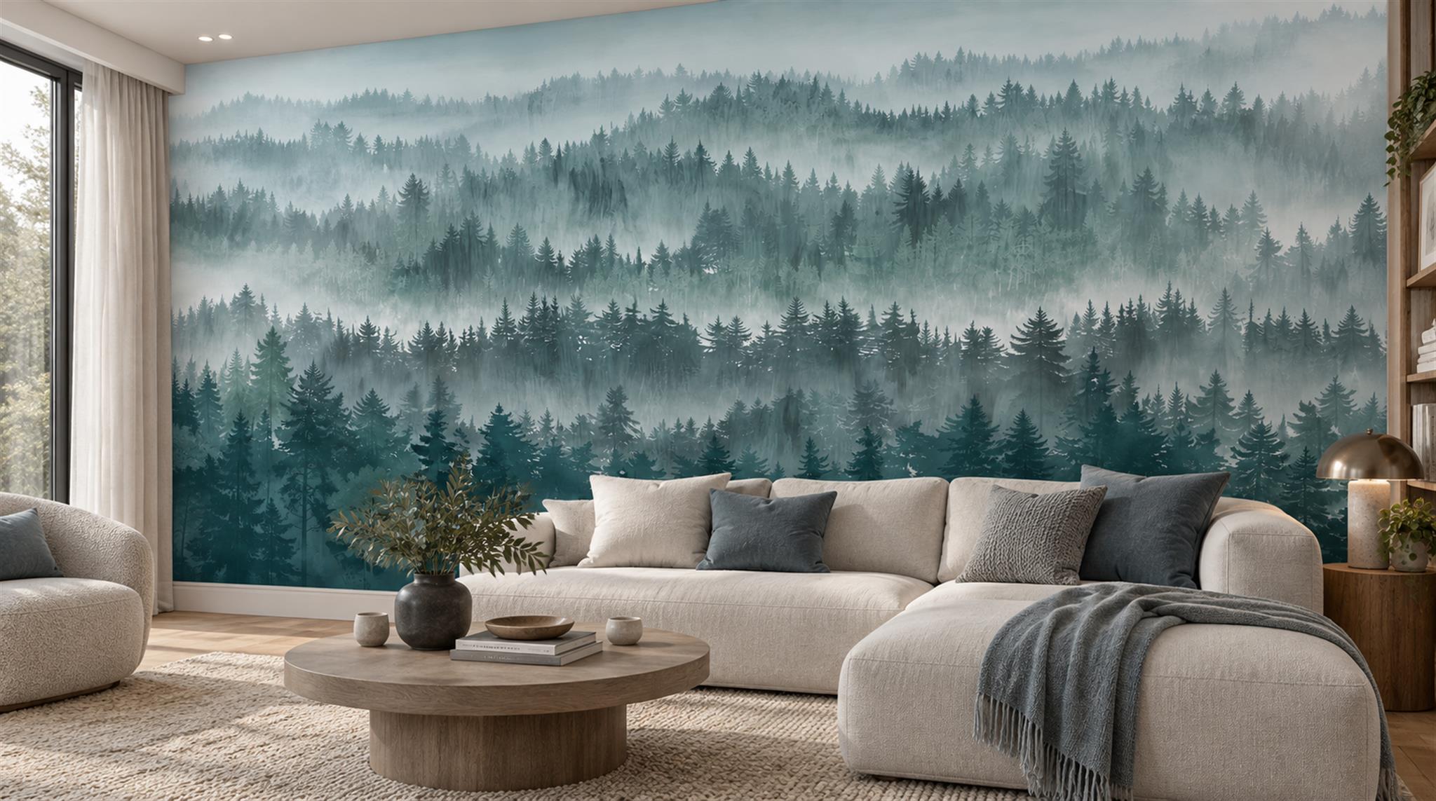 Red And Teal Woodland Trees Decorative Wallpaper Mural Living-room-wallpaper-murals, Shown In A Living Room, Peel-and-stick Finish