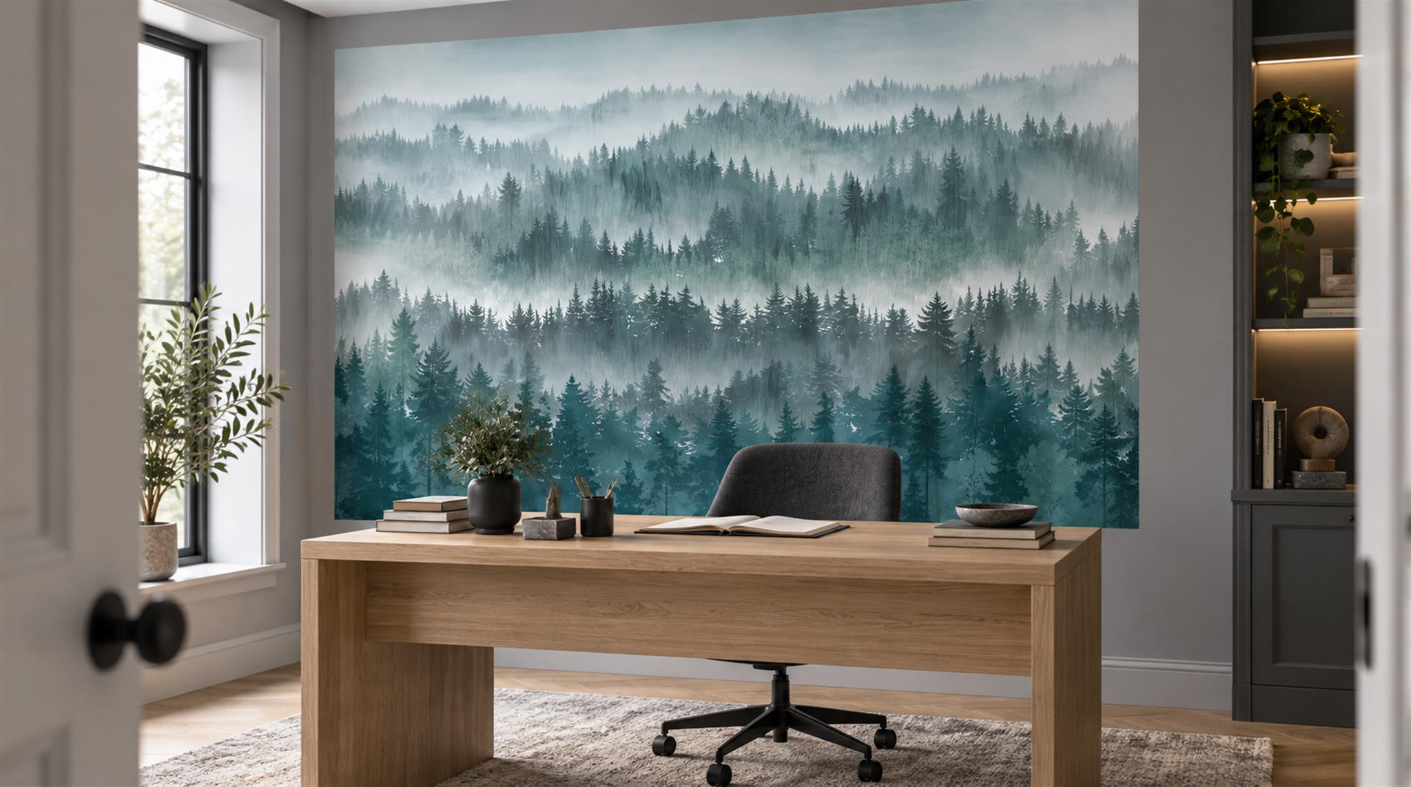 Red And Teal Woodland Trees Decorative Wallpaper Mural Office-wallpaper-murals, Shown In A Home Office, Peel-and-stick Finish